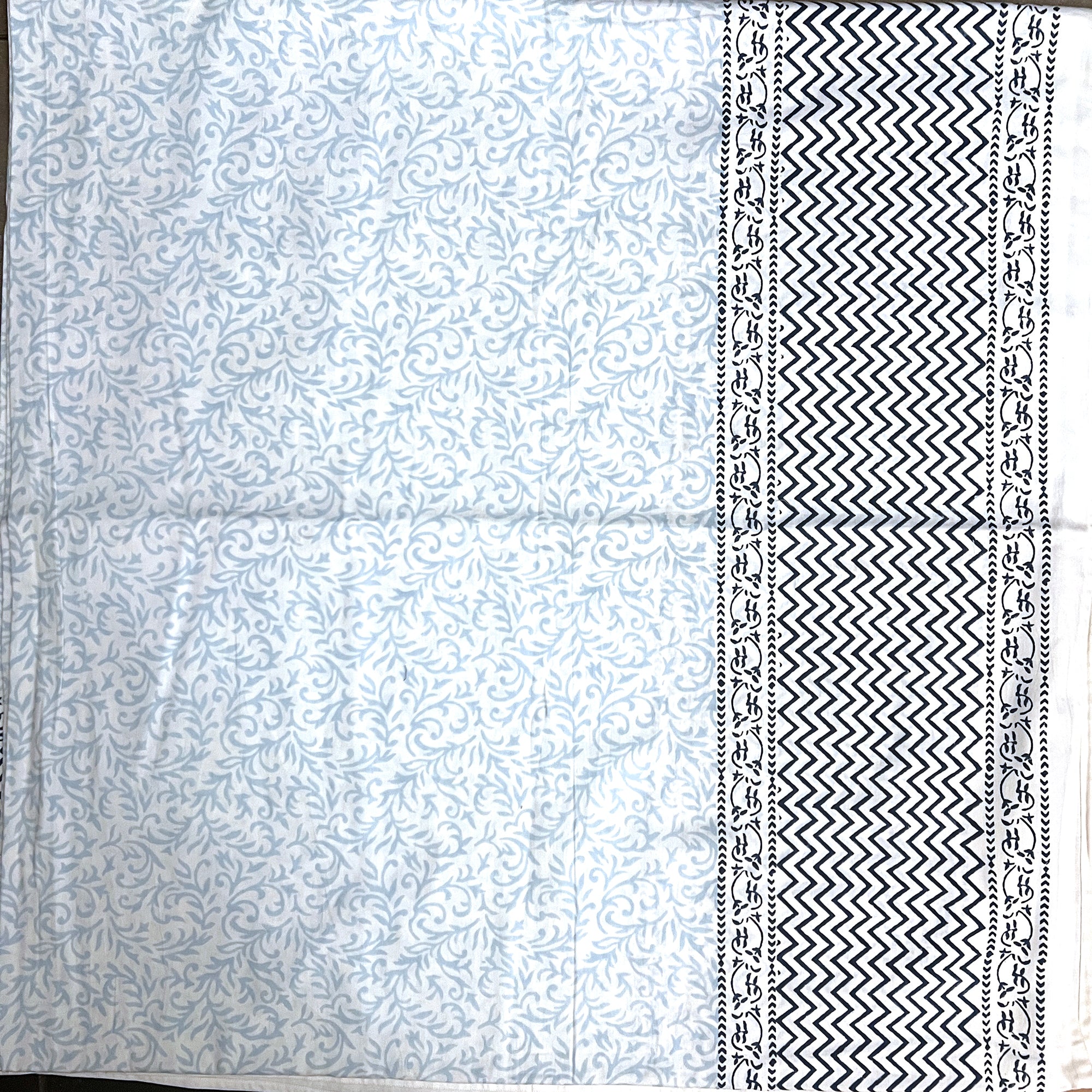 Light Blue & Navy Block Print Tablecloth 136 x 68 - Vintage India NYC