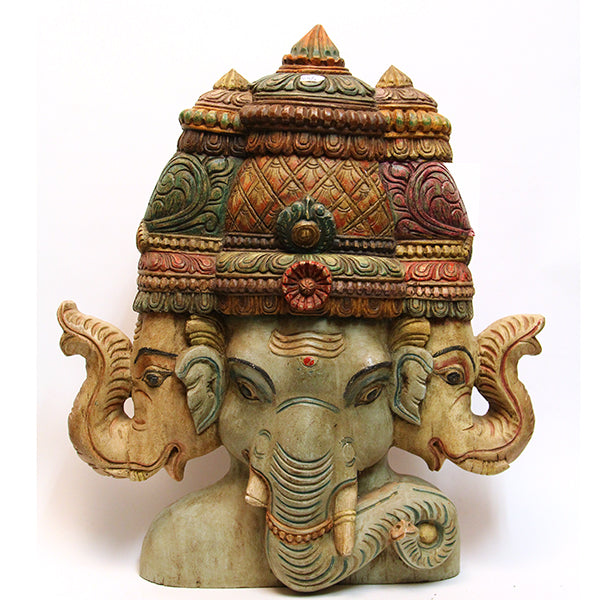 SE Hand Carved Wooden Three Face Ganesha 650 - Vintage India NYC