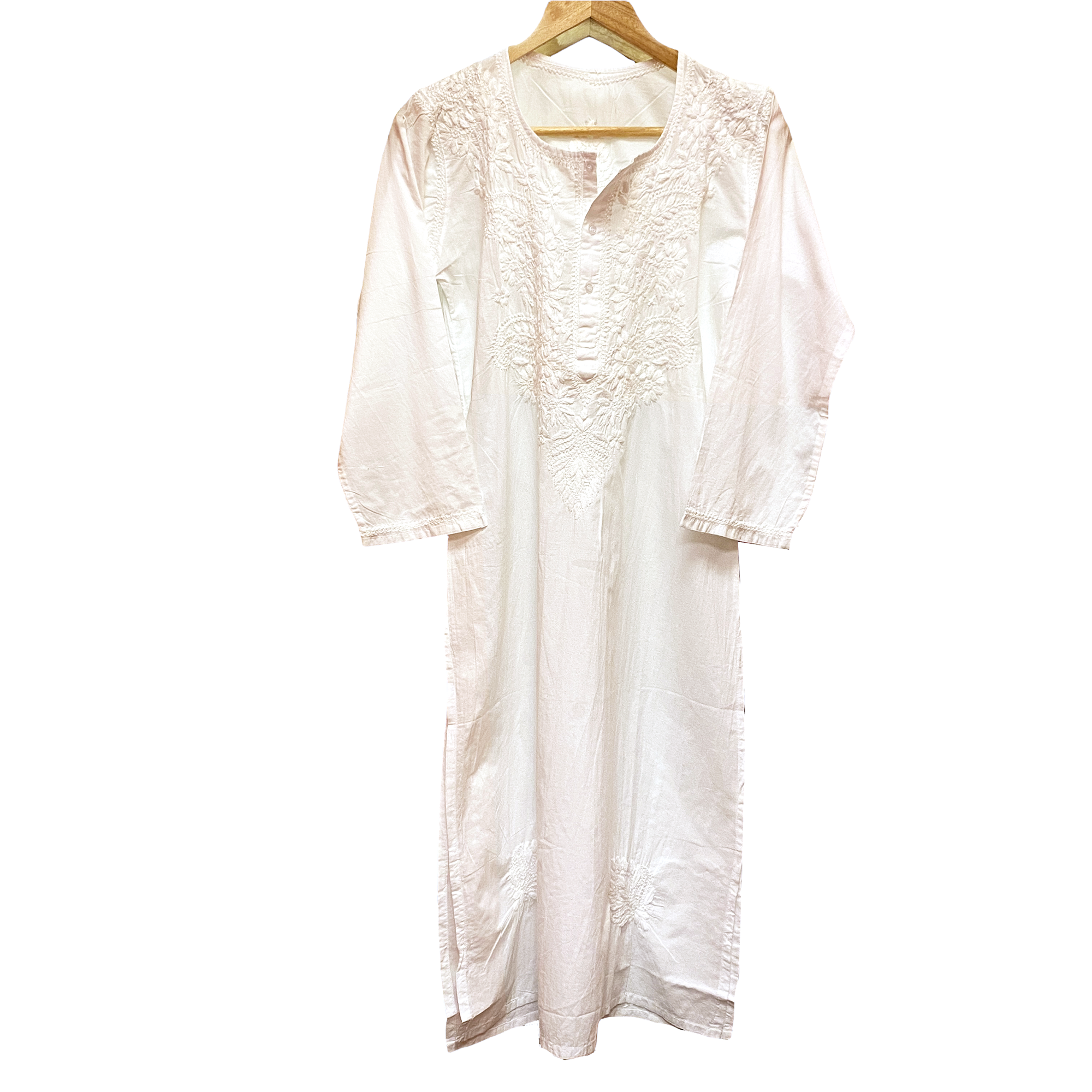 AR White Organic Cotton 3 Button Long Kurta - Vintage India NYC