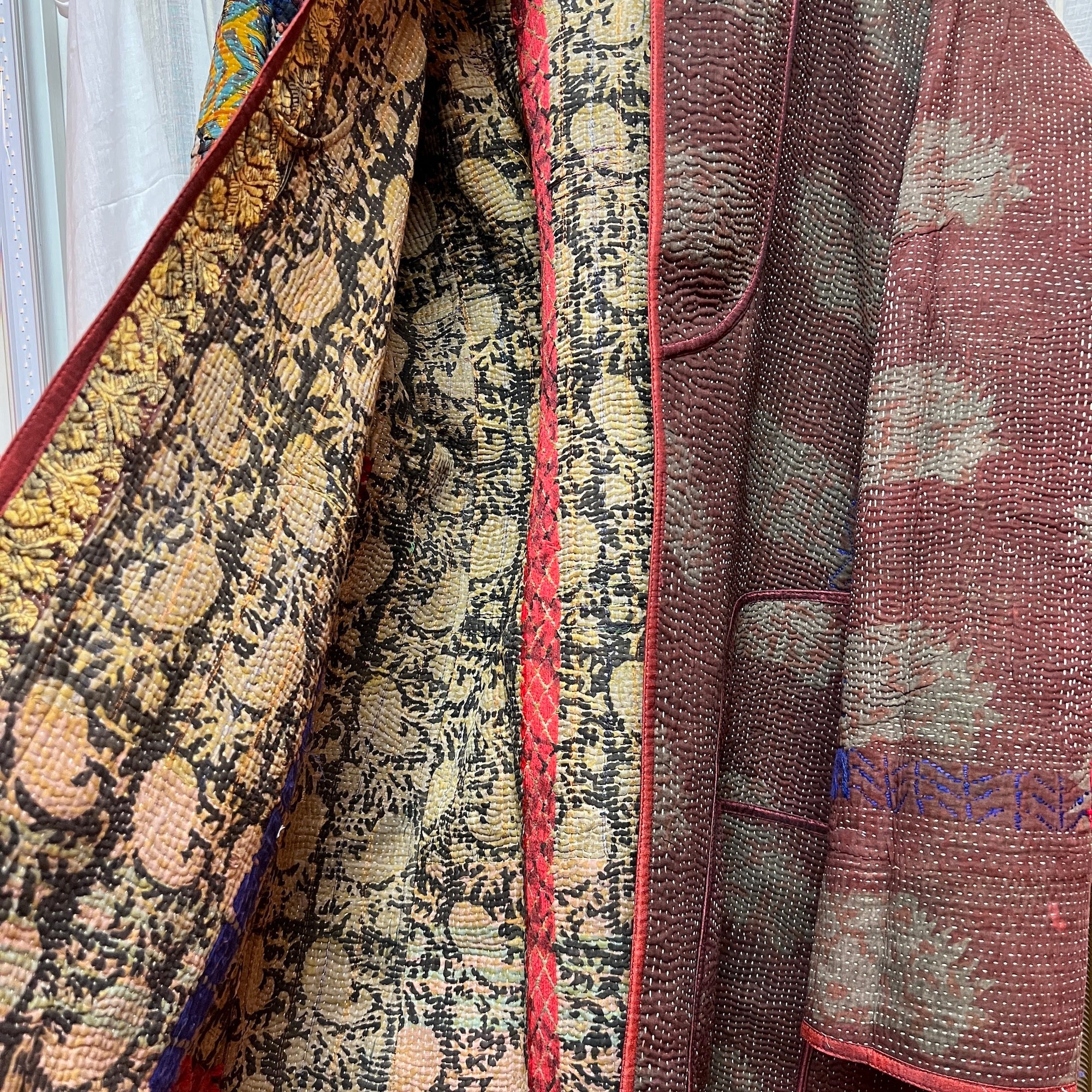 Ajrakh Cotton Kantha Quilted Long Coat - Vintage India NYC