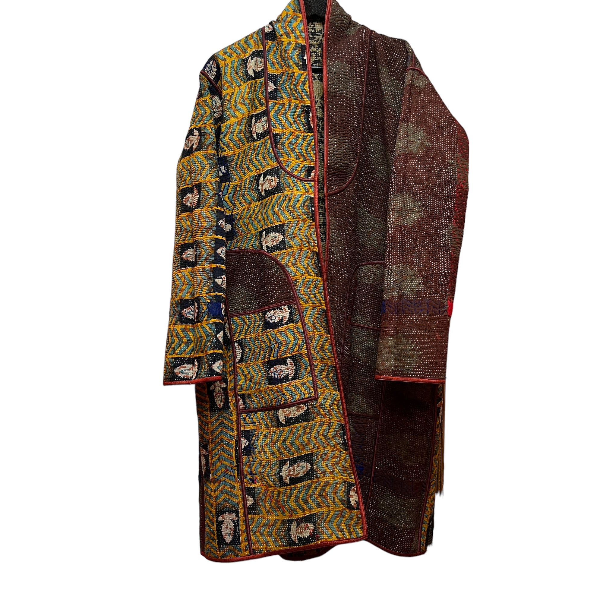 Ajrakh Cotton Kantha Quilted Long Coat - Vintage India NYC