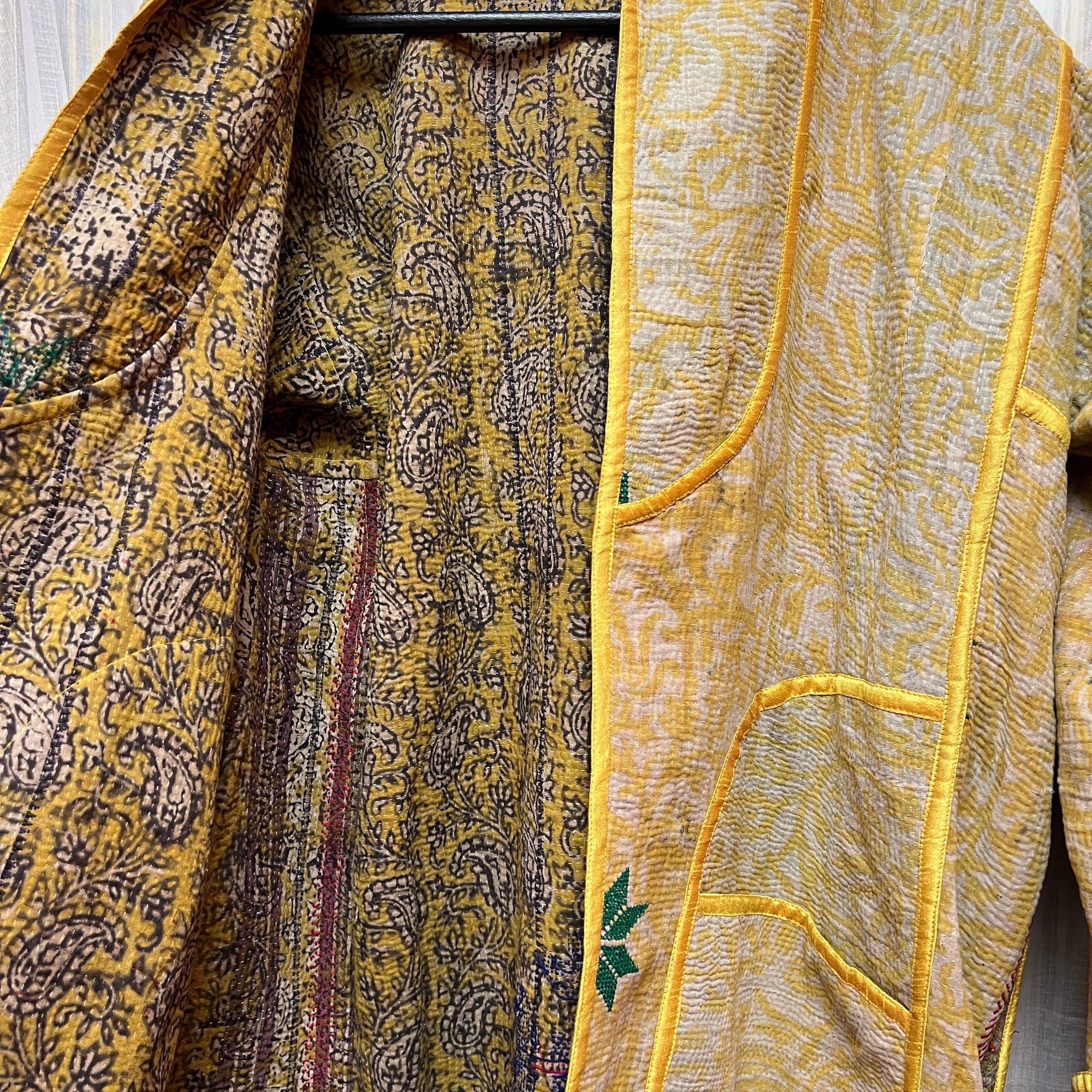 Ajrakh Cotton Kantha Quilted Long Coat - Vintage India NYC