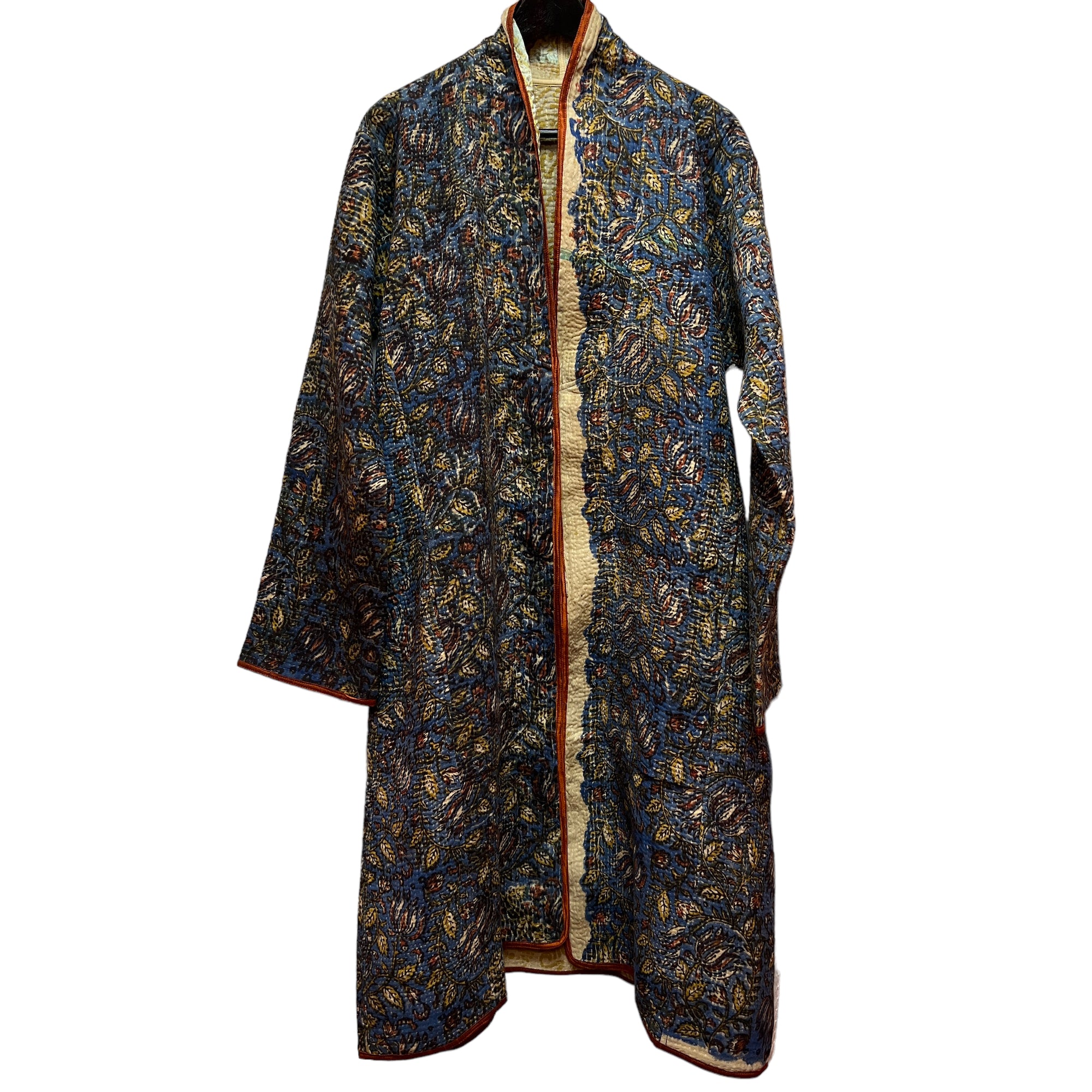Ajrakh Cotton Kantha Quilted Long Coat - Vintage India NYC