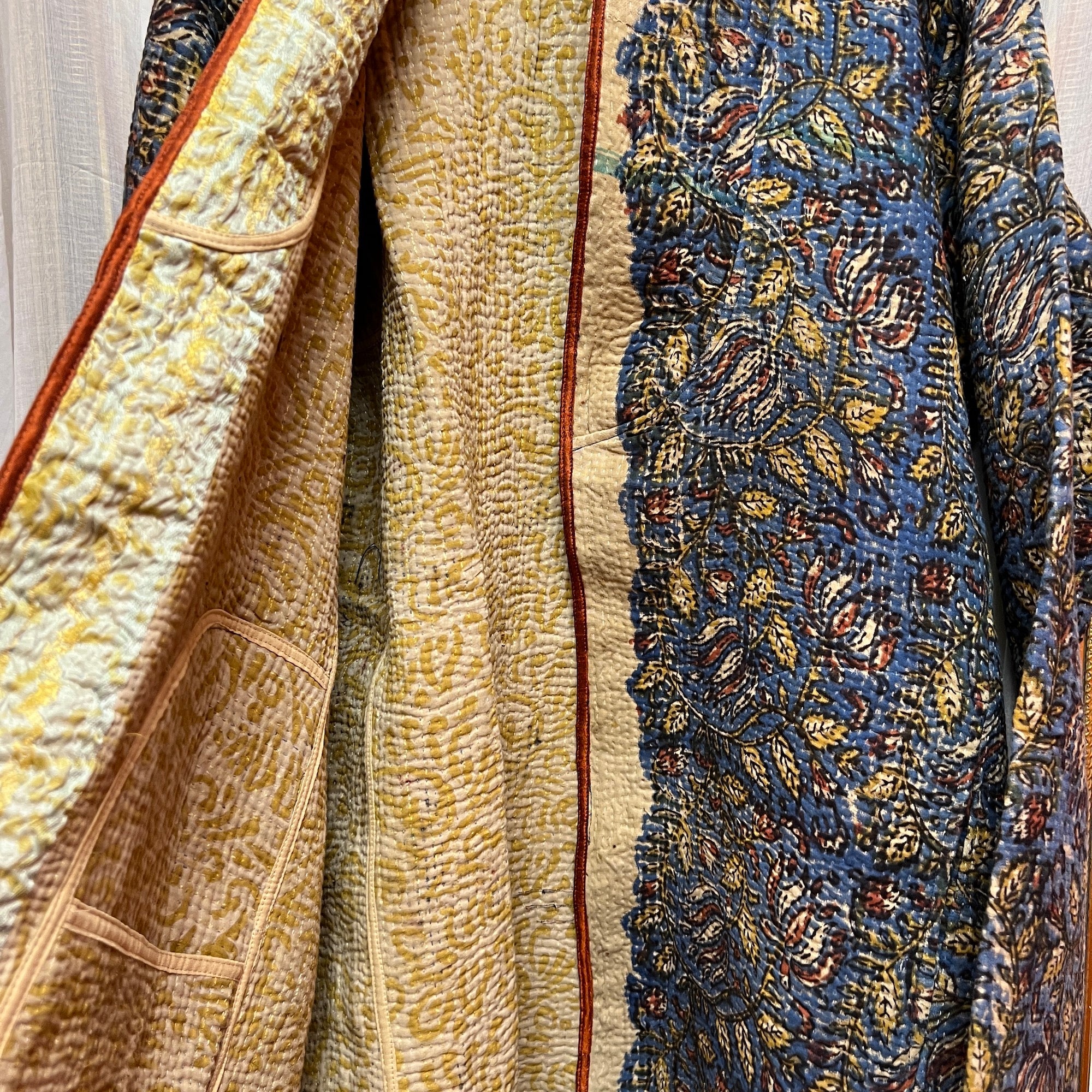 Ajrakh Cotton Kantha Quilted Long Coat - Vintage India NYC