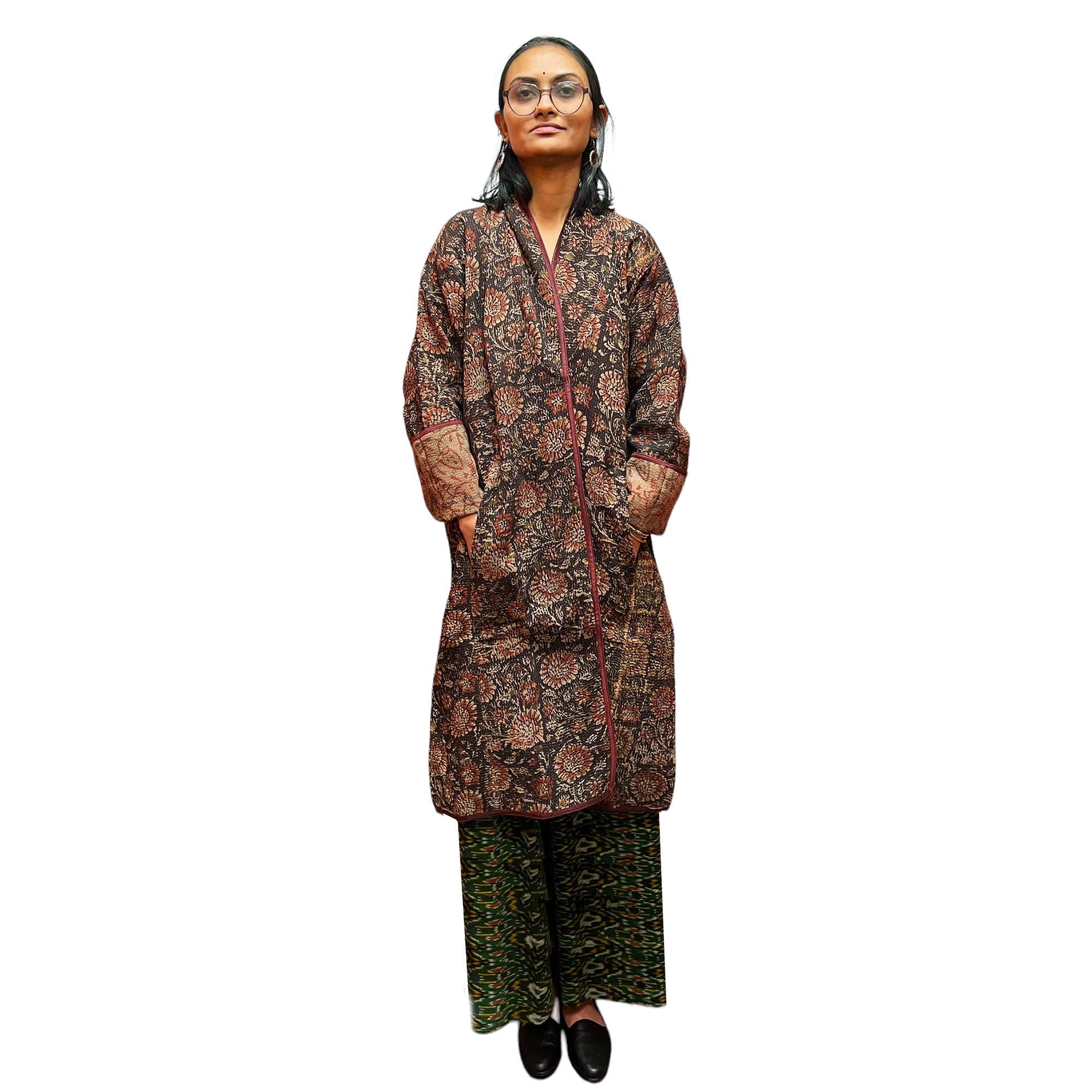 Ajrakh Cotton Kantha Quilted Long Coat 2 - Vintage India NYC