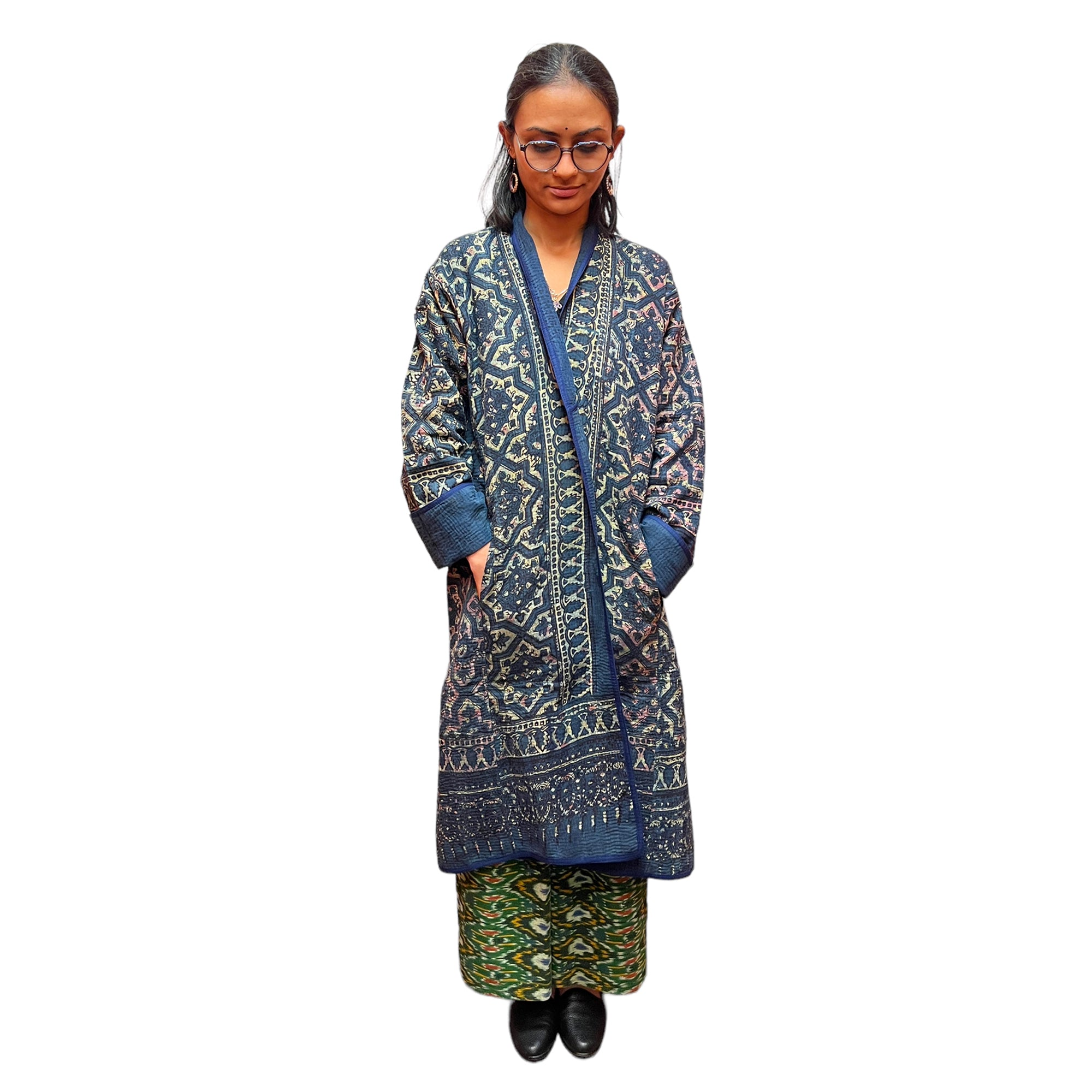 Ajrakh Cotton Kantha Quilted Long Coat 2 - Vintage India NYC