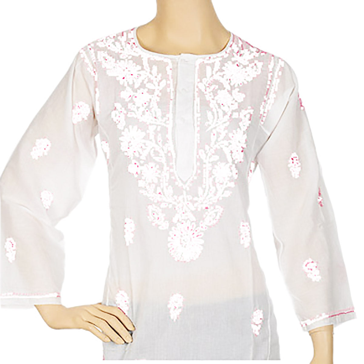 AR White Organic Cotton 3 Button Short Kurta - Vintage India NYC