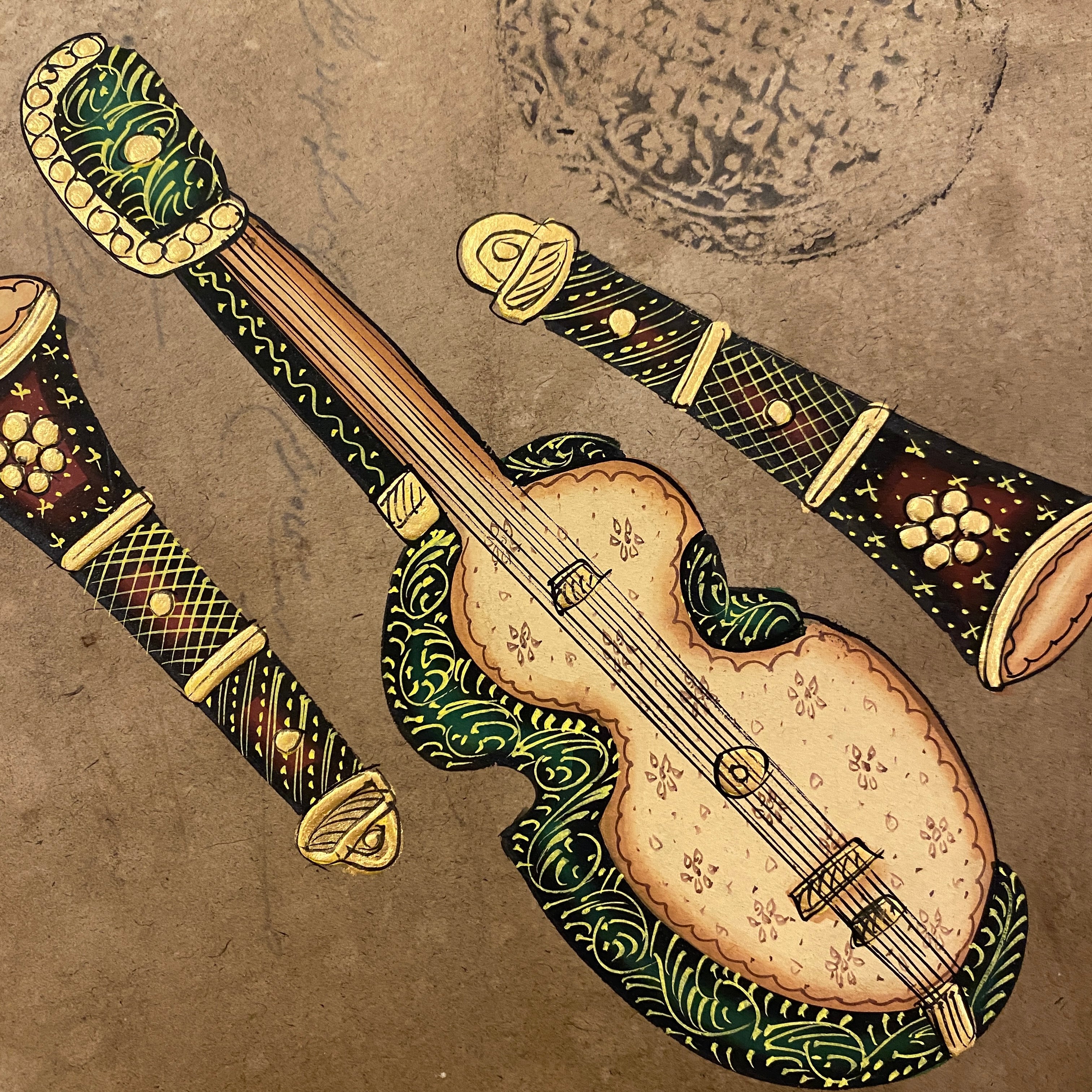 Vintage Hand Painted Court Painting - Musical Instruments - 13 Styles - Vintage India NYC