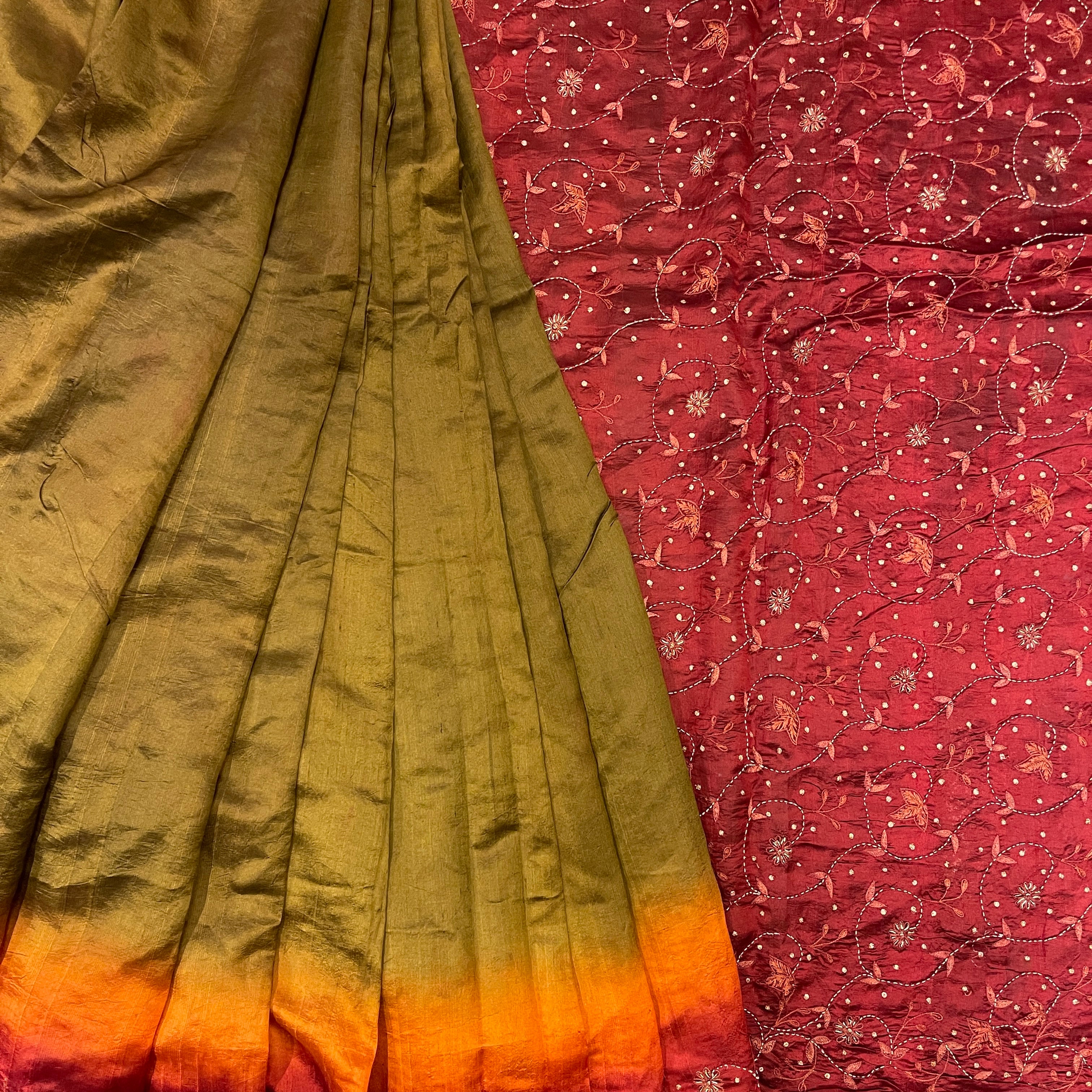 Olive Green Silk Saree - Vintage India NYC