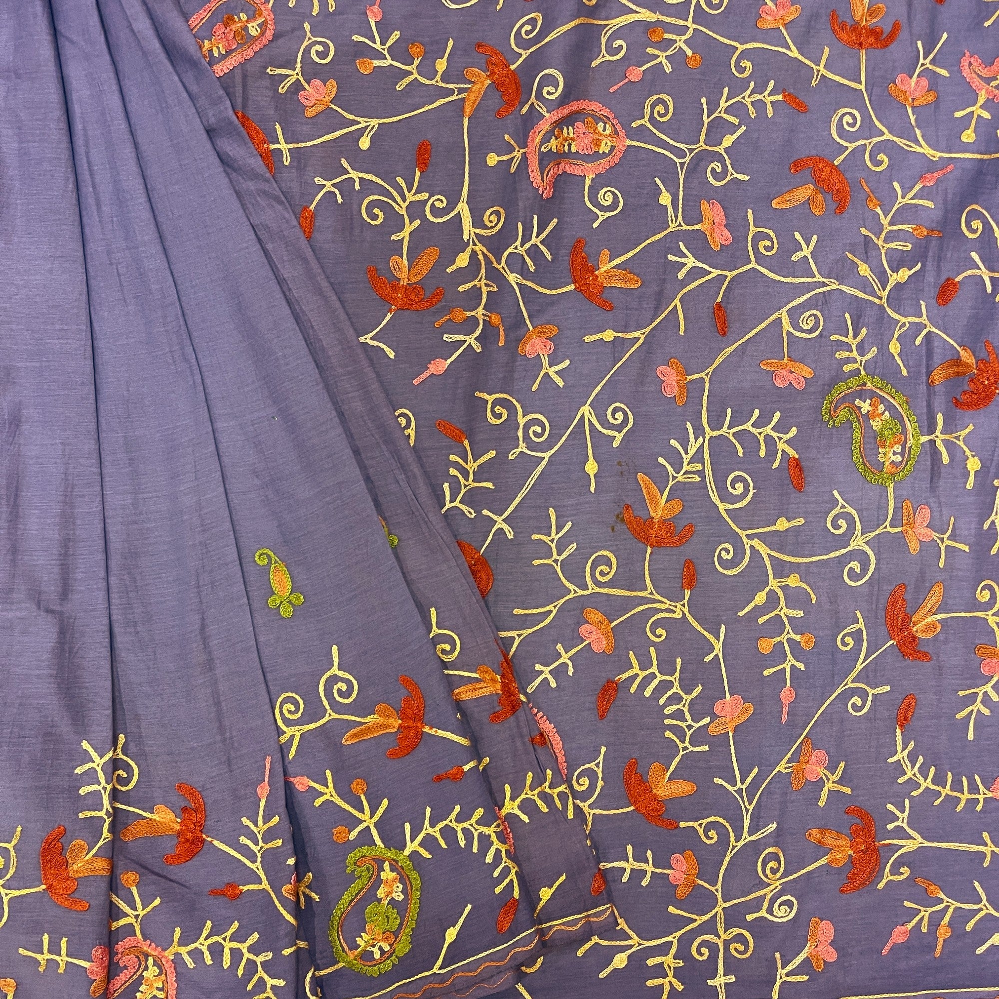 Lavender Cotton Silk Floral Embroidered Saree - Vintage India NYC