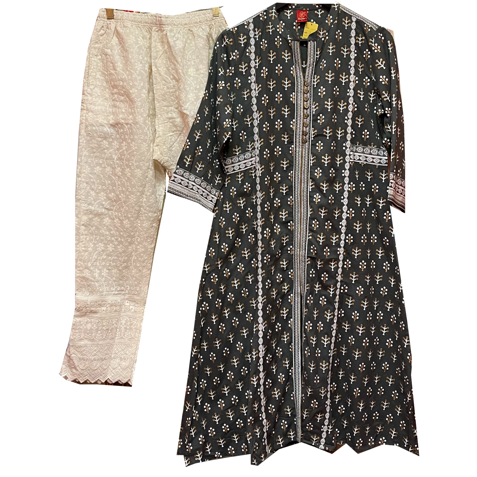 SH Block print Kurta w/Chikan Pants - 2 Colors - Vintage India NYC