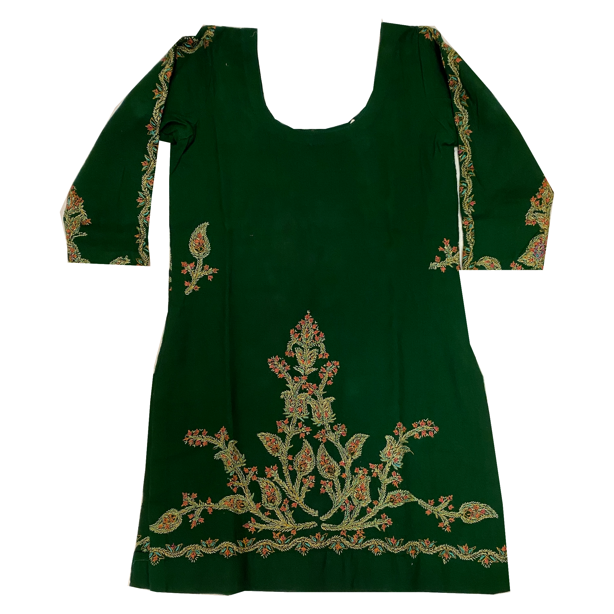 Hand Embroidered Woolen Green Kurti - Size 33 - Vintage India NYC