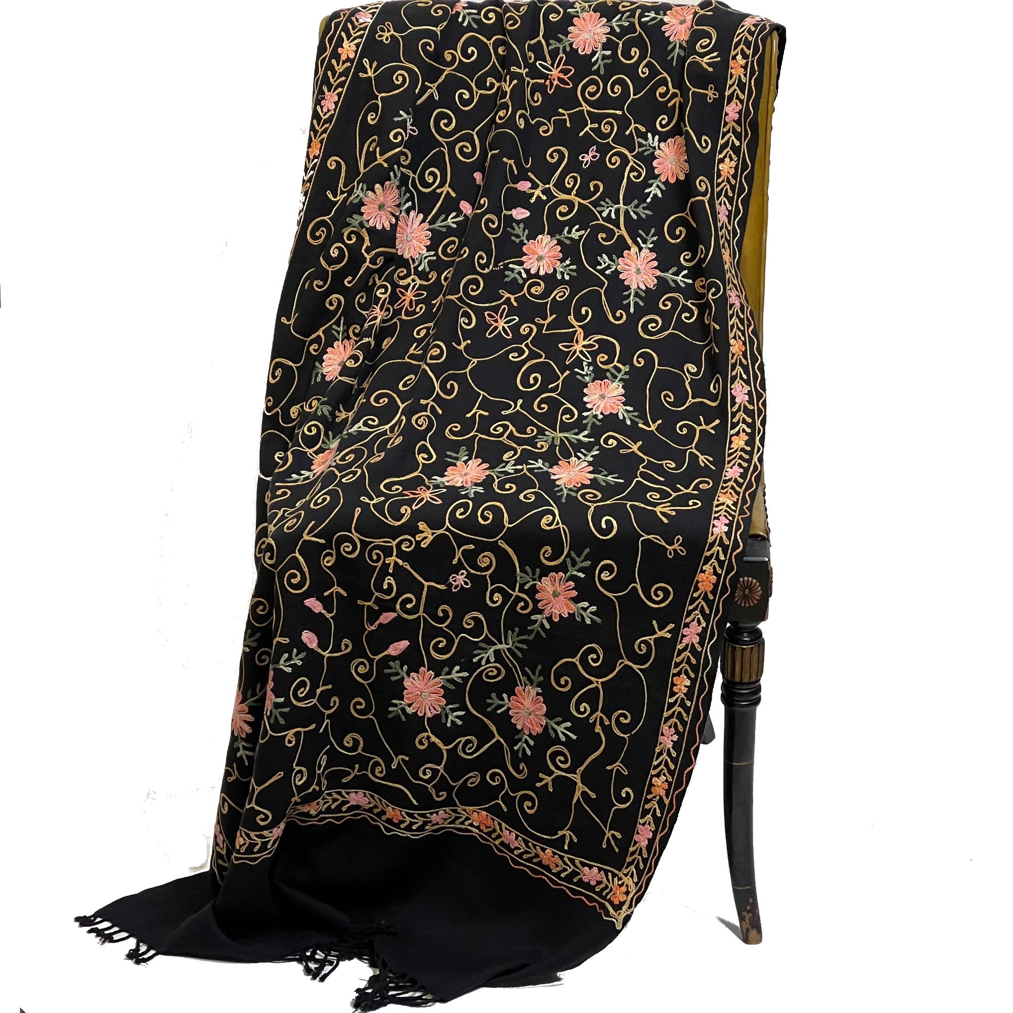 Black Embroidered Woolen Shawl - Vintage India NYC