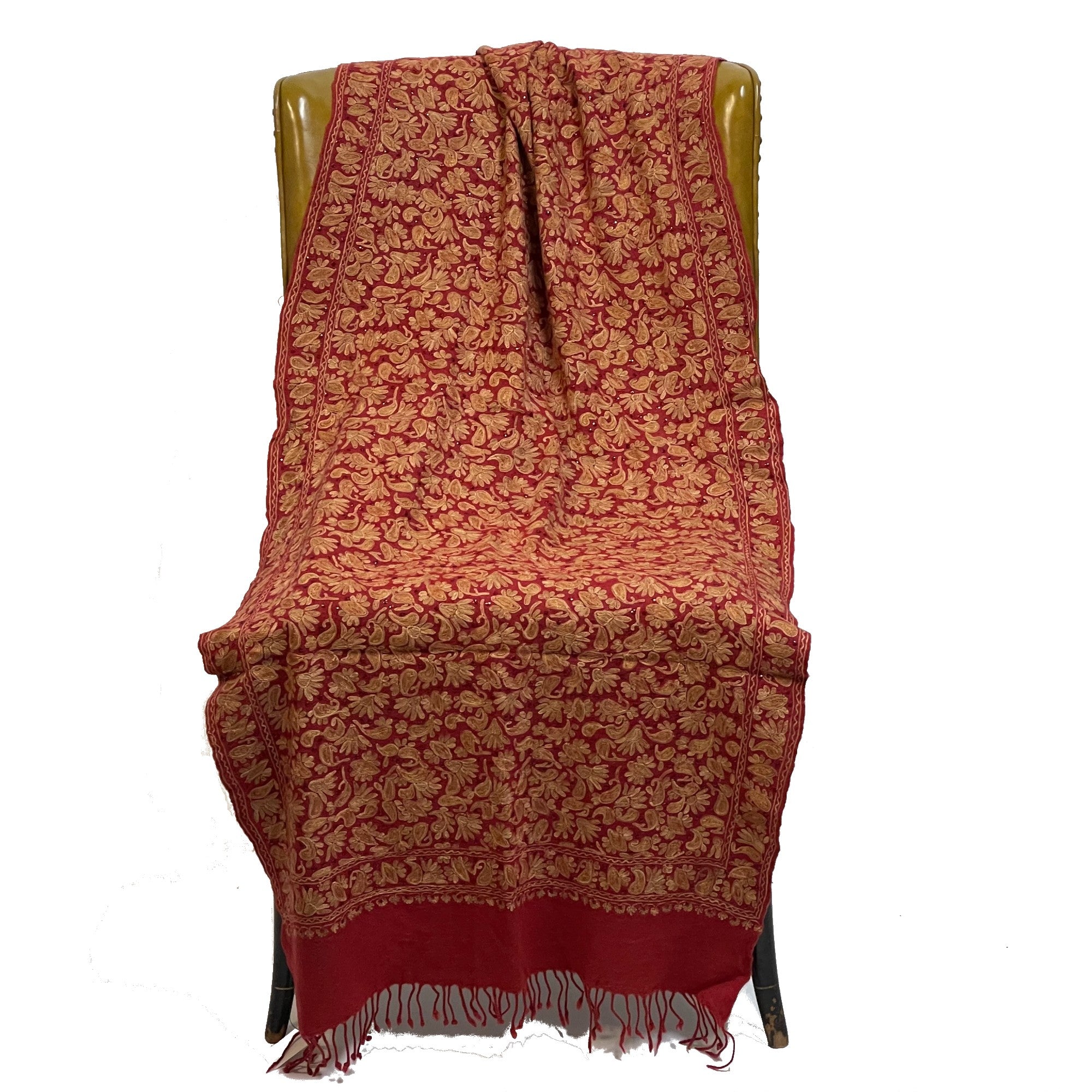 Red Embroidered Woolen Shawl - Vintage India NYC