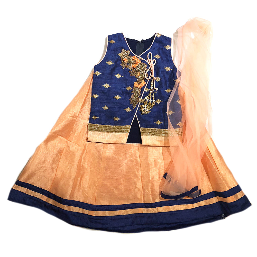 Girls Navy and Peach Lehenga Set - Vintage India NYC