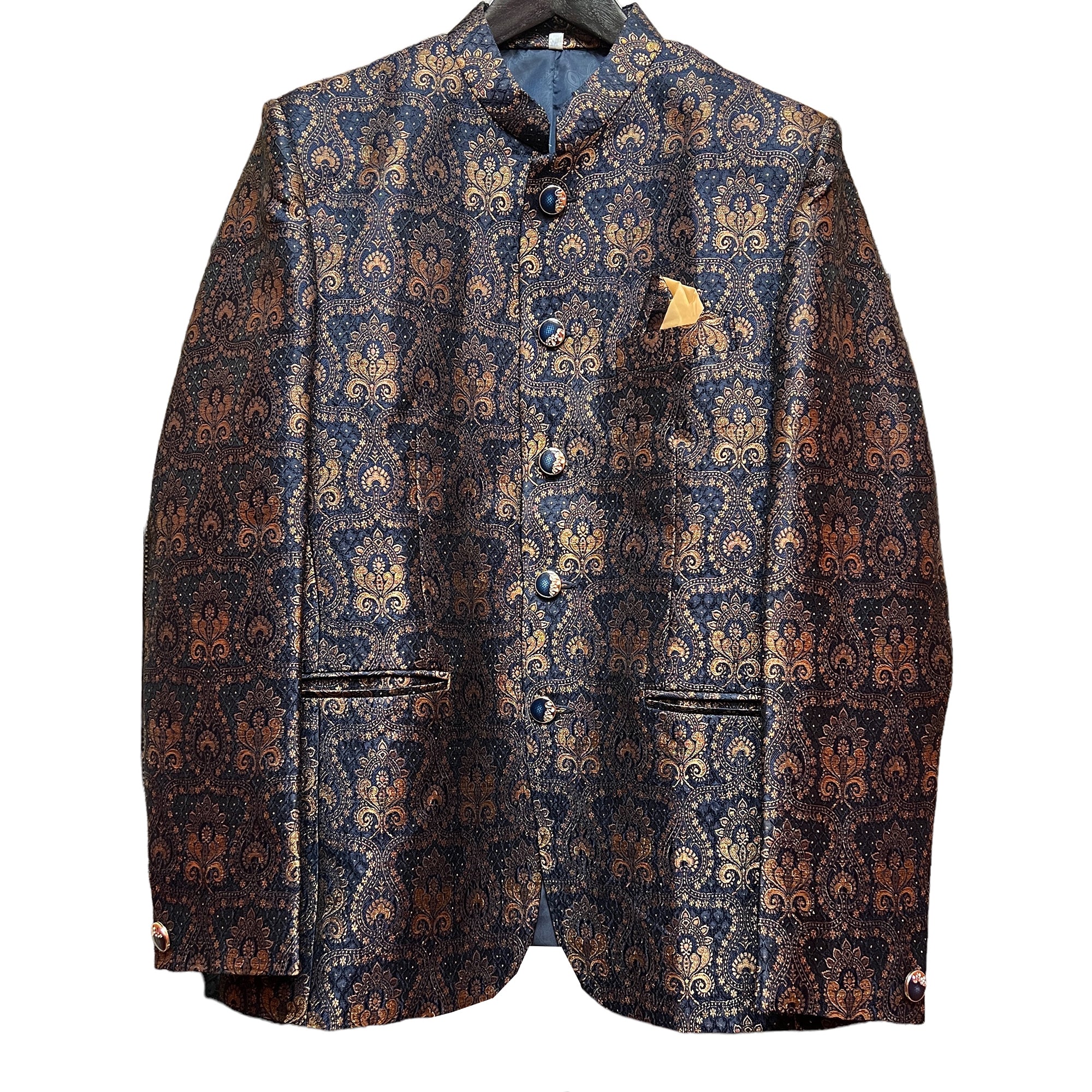 YD Navy Bronze Print Jodhpuri Jacket - Vintage India NYC