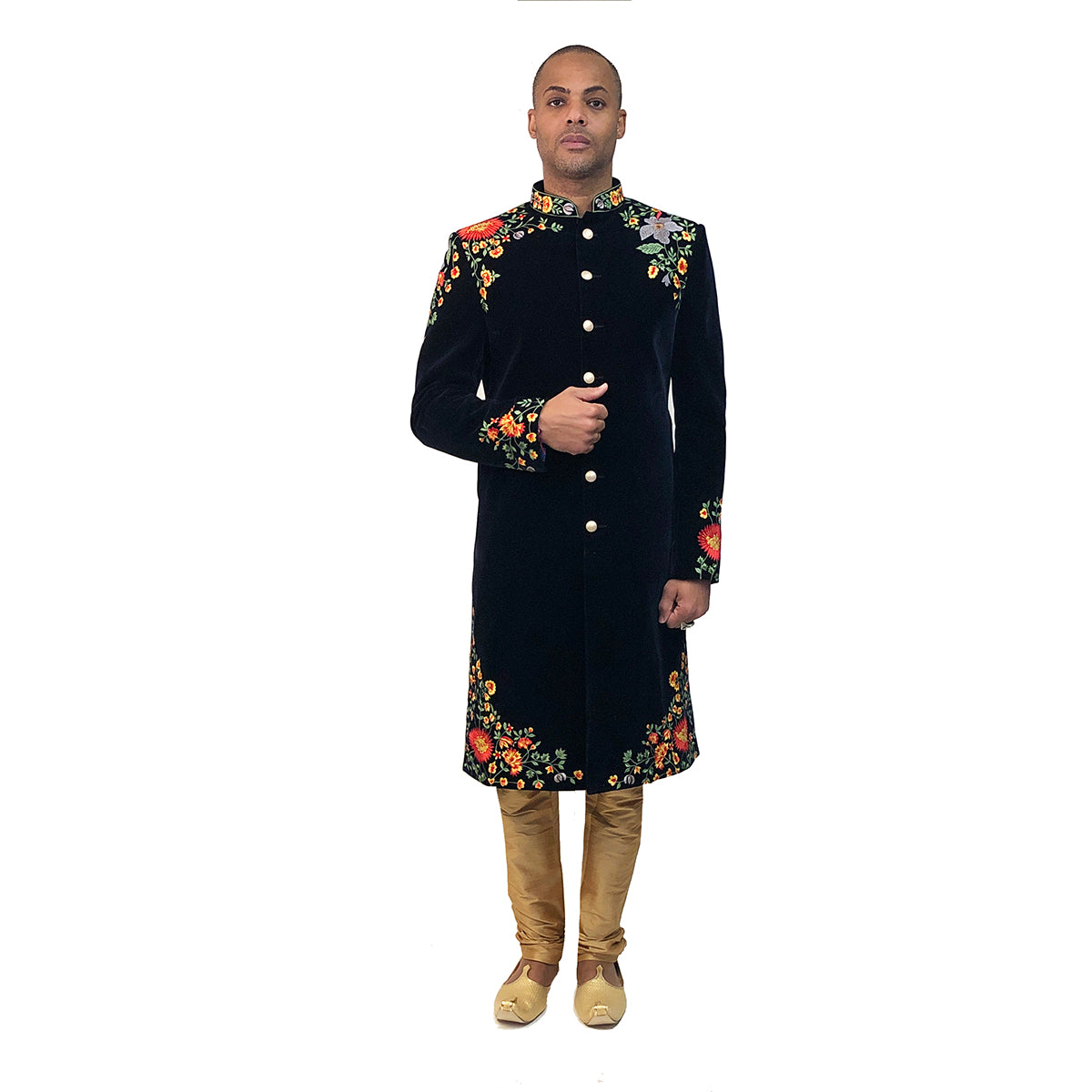 DK Navy Velvet Embroidered Sherwani - Vintage India NYC