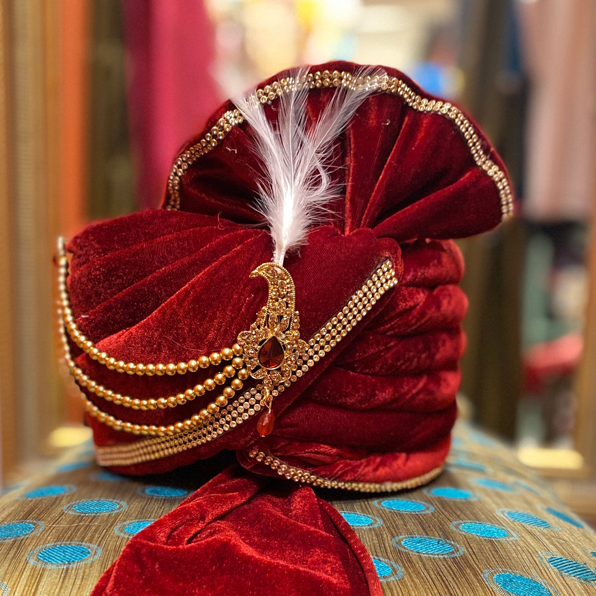 YD Red  Velvet Pagadi Turban - Vintage India NYC