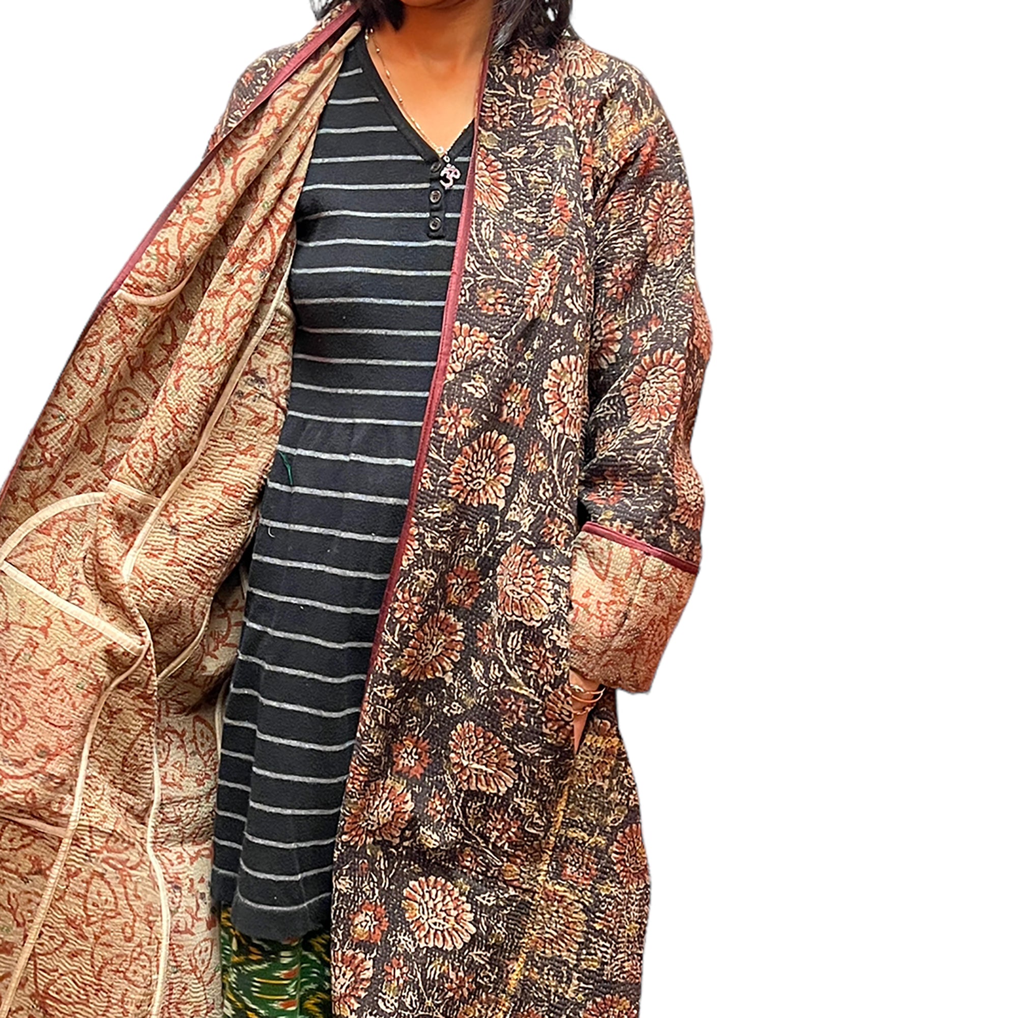 Ajrakh Cotton Kantha Quilted Long Coat 2 - Vintage India NYC