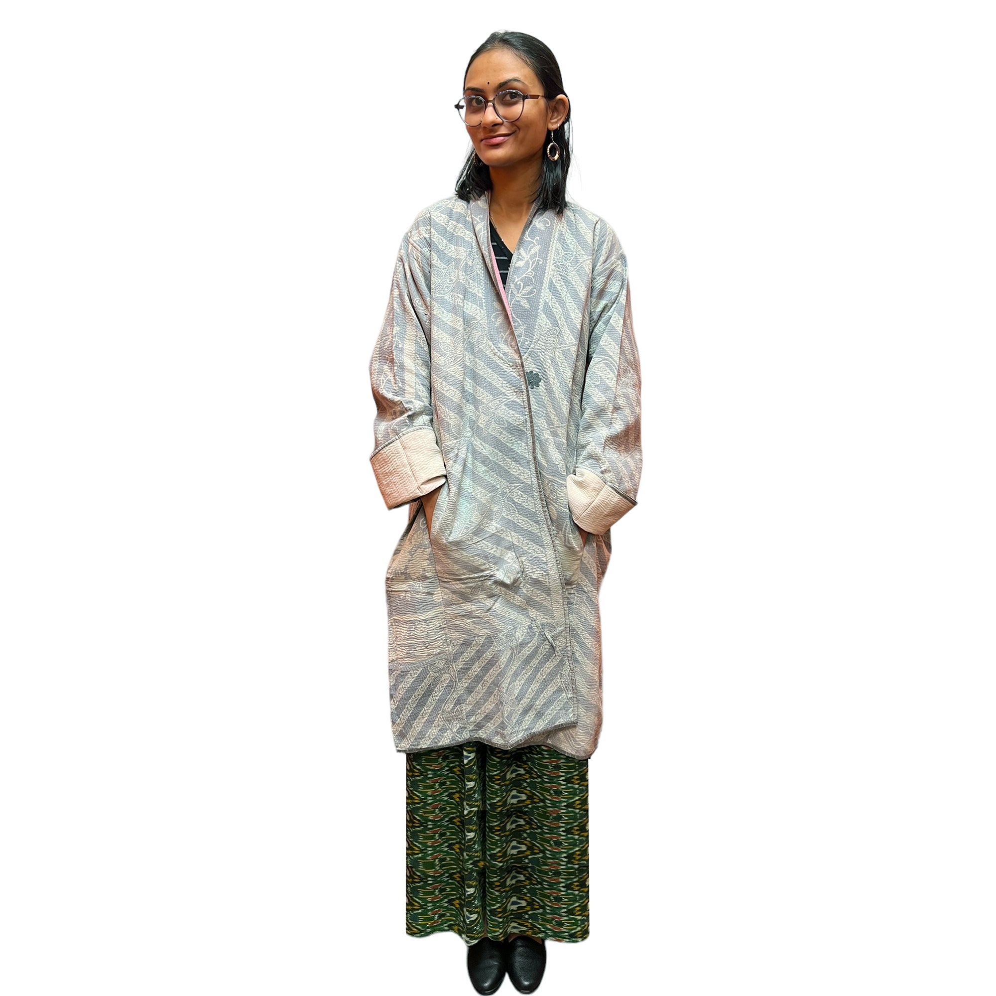 Ajrakh Cotton Kantha Quilted Long Coat 2 - Vintage India NYC