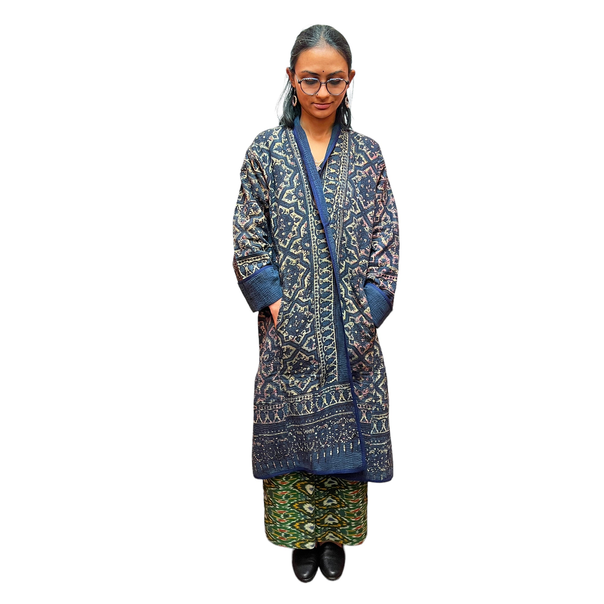 Ajrakh Cotton Kantha Quilted Long Coat 2 - Vintage India NYC