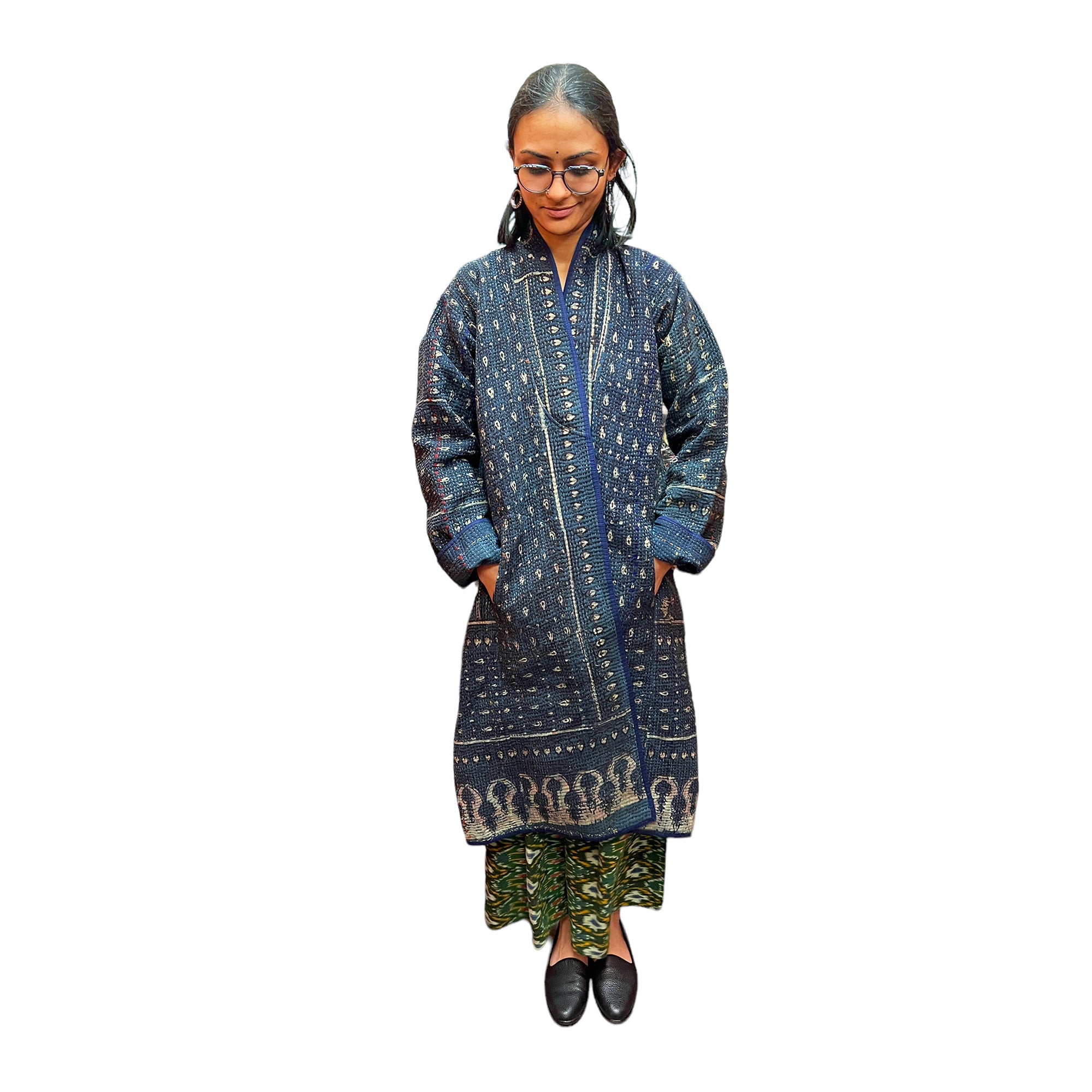 Ajrakh Cotton Kantha Quilted Long Coat 2 - Vintage India NYC