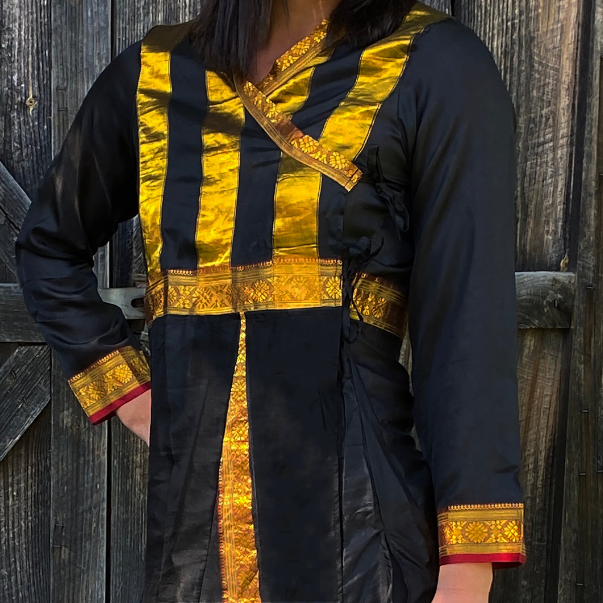 Black & Gold Silk Wrap Dress - Vintage India NYC
