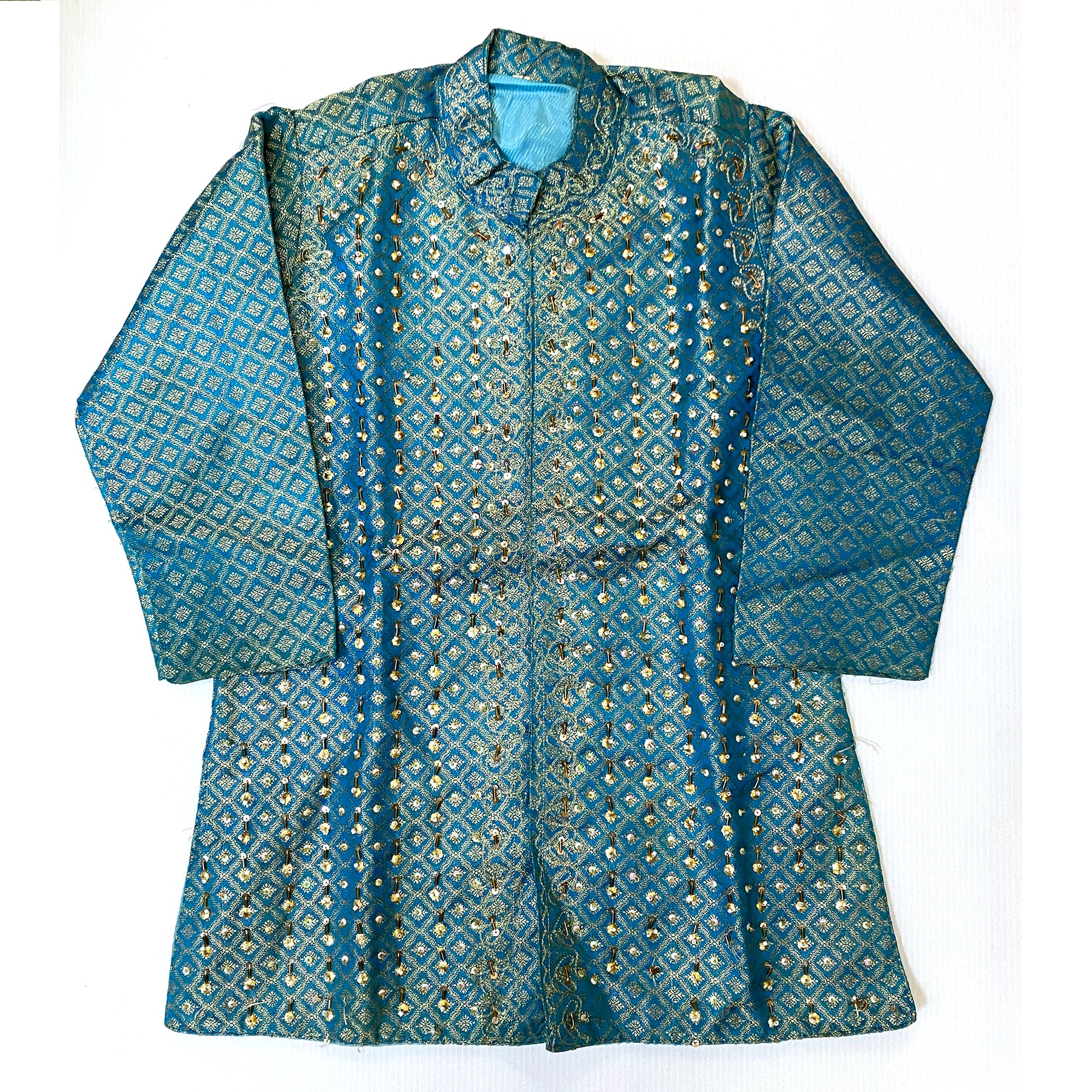 Boys Turquoise & Gold Silk Brocade Sherwani - Vintage India NYC