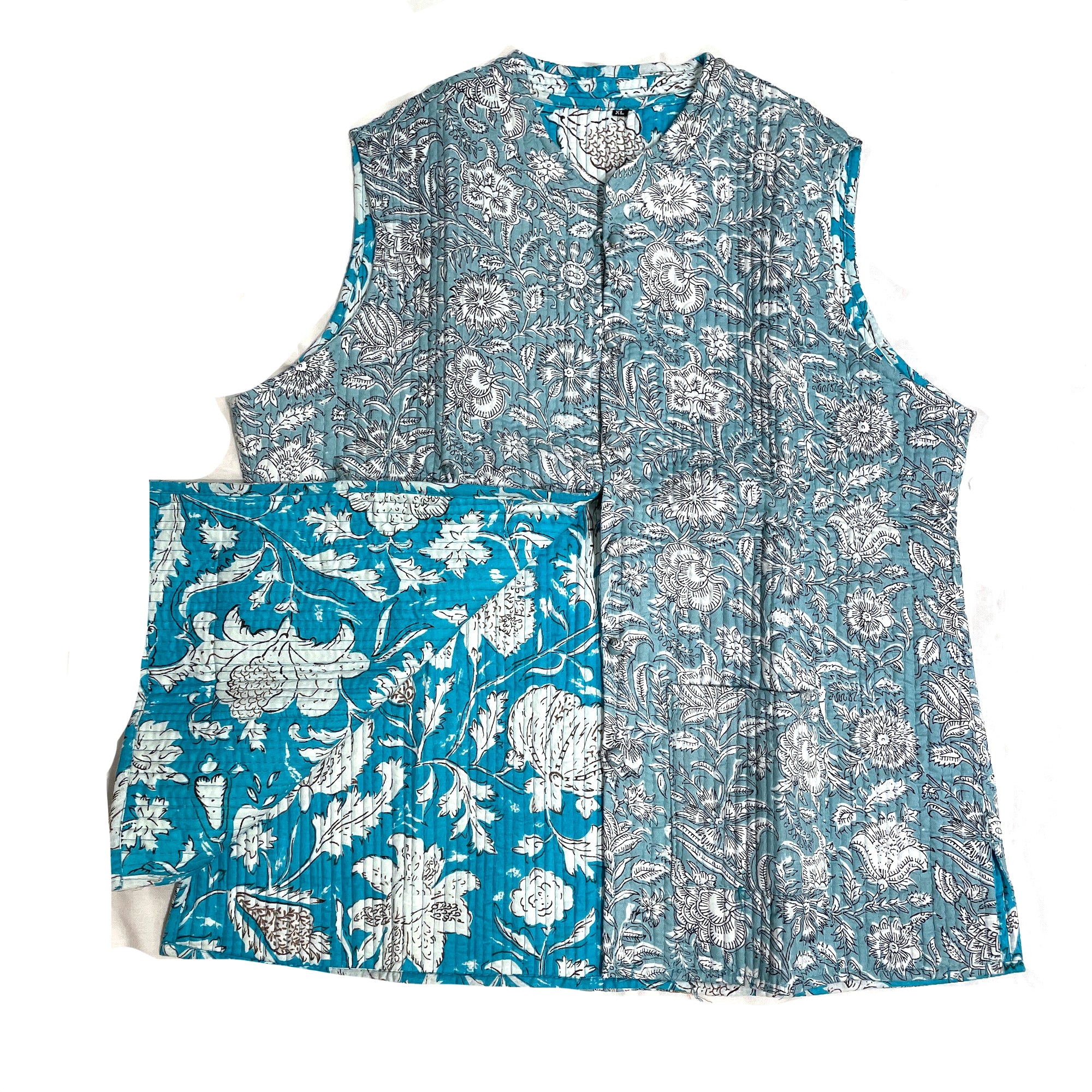 Aqua Floral Reversible Quilted Vests-Size 42 & 44 - Vintage India NYC