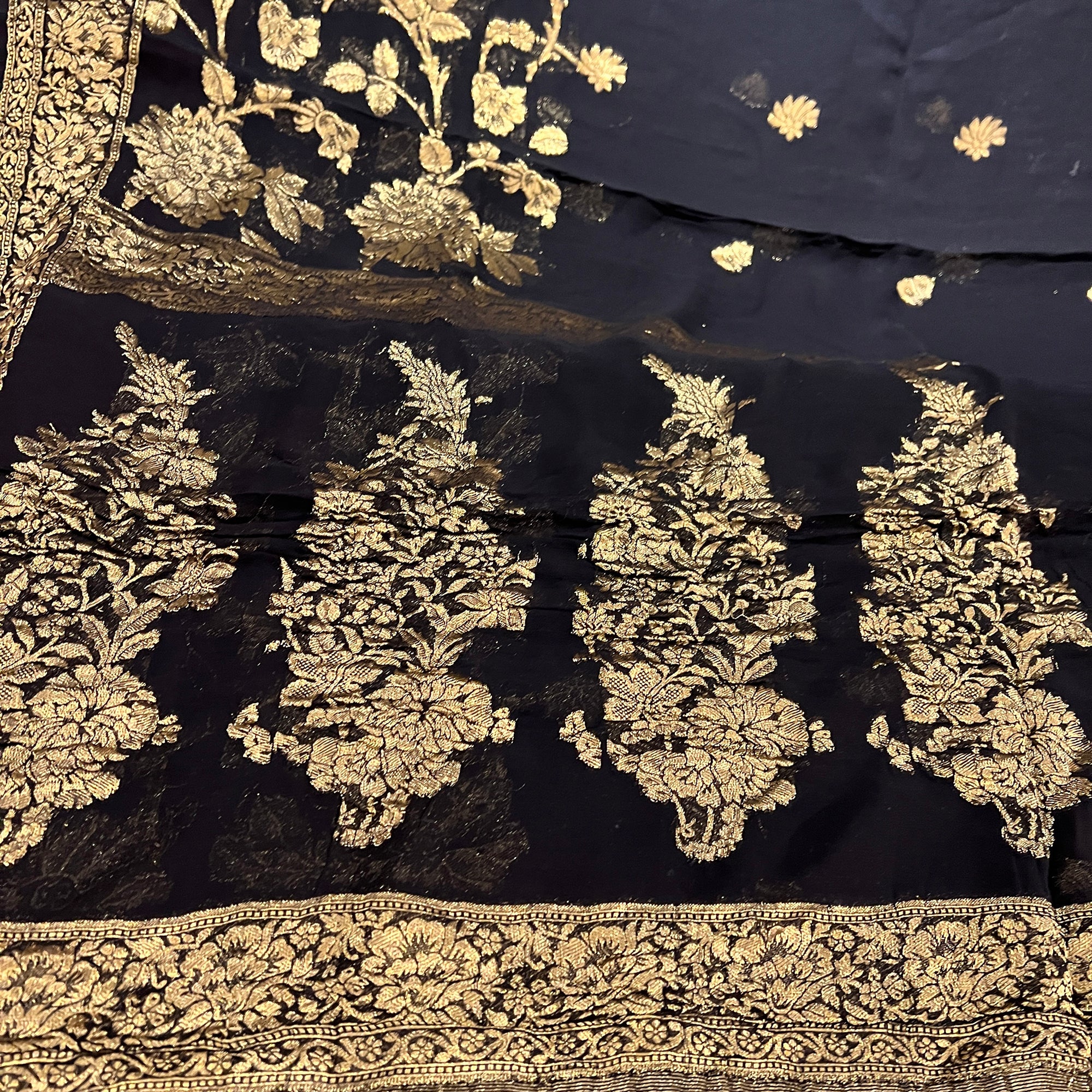 Black & Gold Silk Georgette Saree - Vintage India NYC