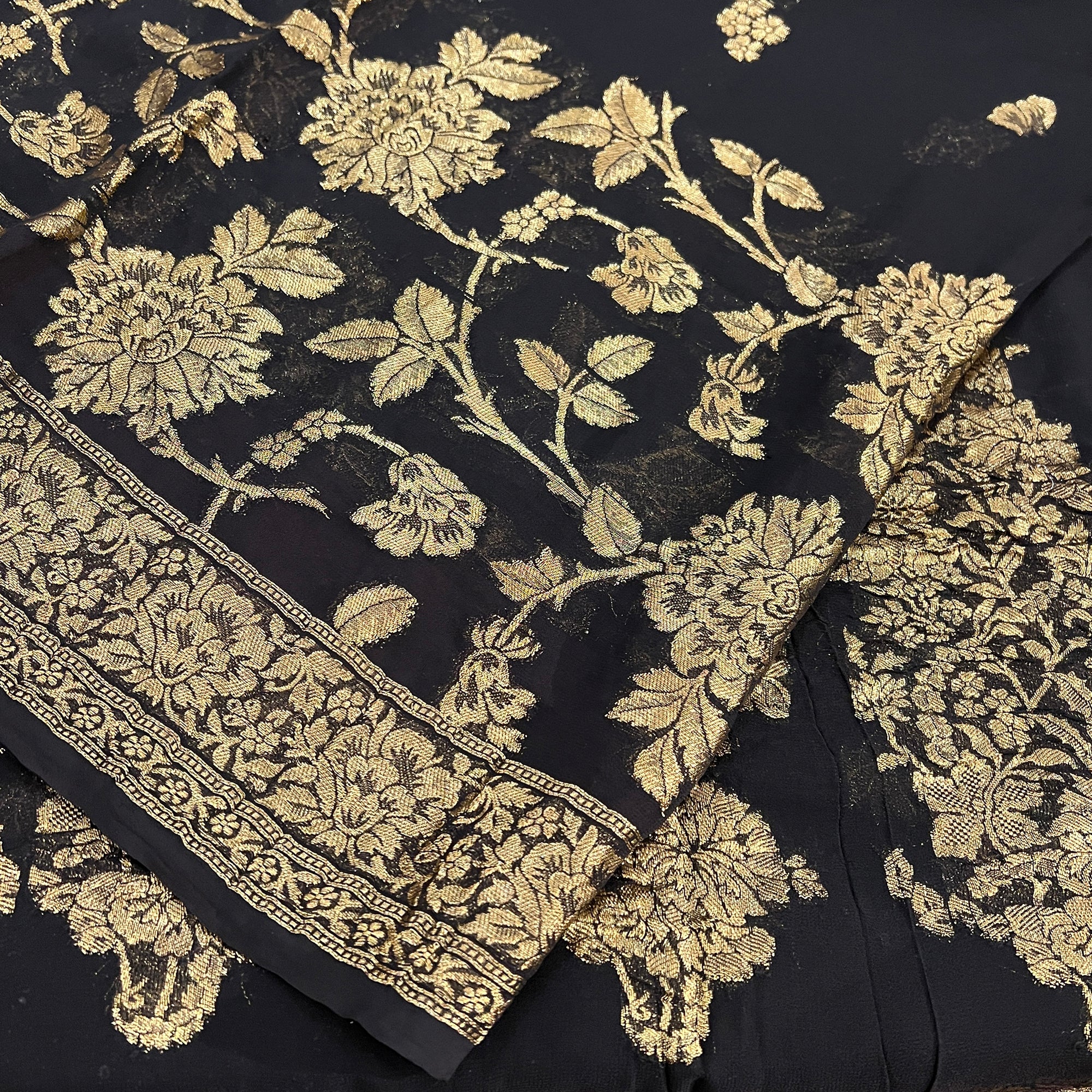 Black & Gold Silk Georgette Saree - Vintage India NYC