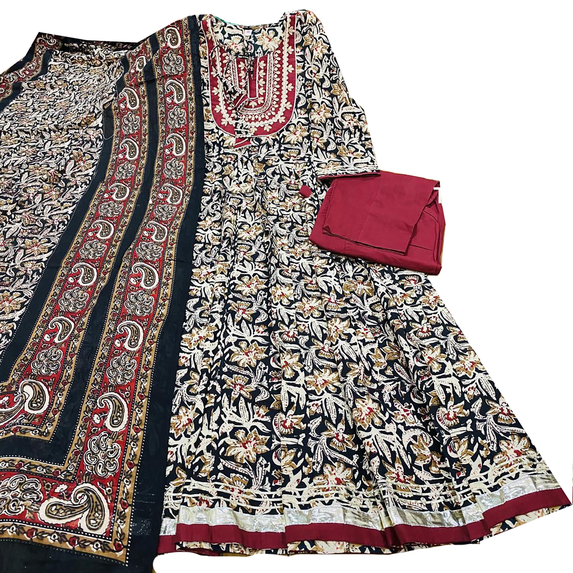 Black and Red Block Print Anarkali Set - Vintage India NYC