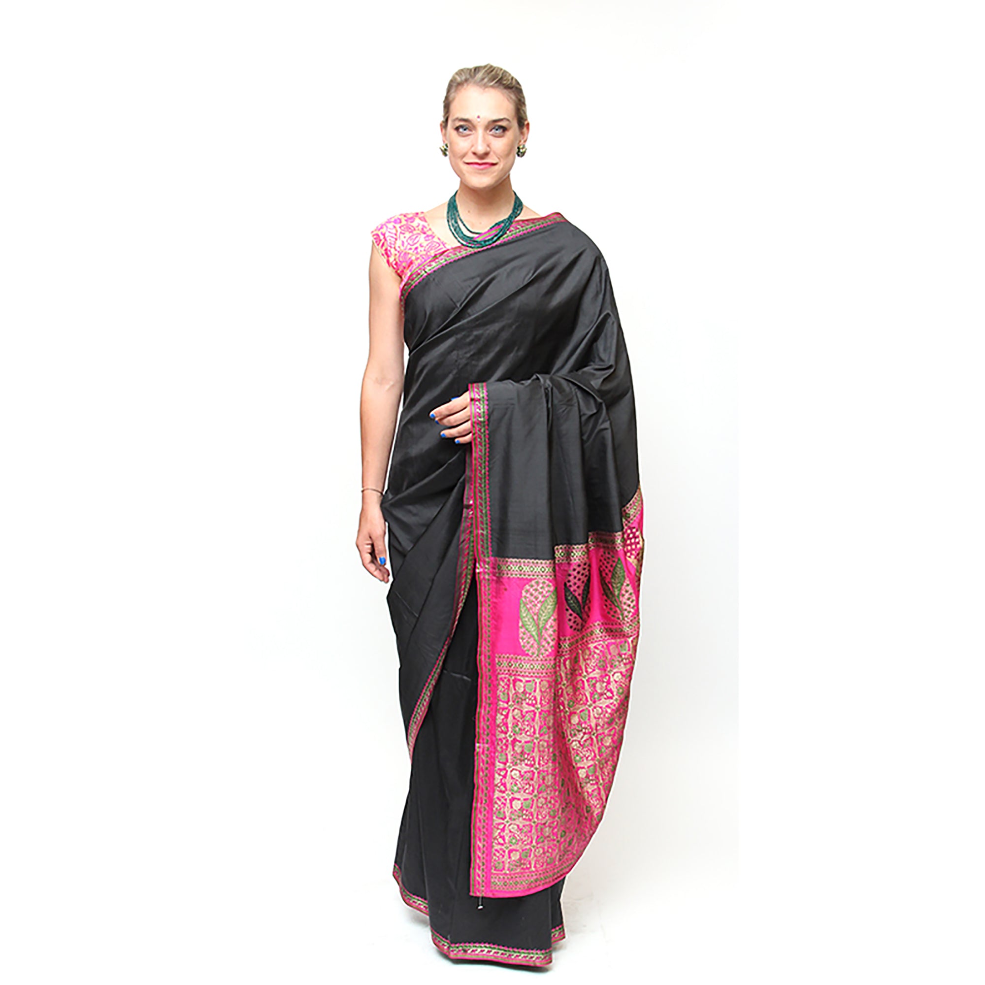 Black & Bright Pink Silk Saree - Vintage India NYC