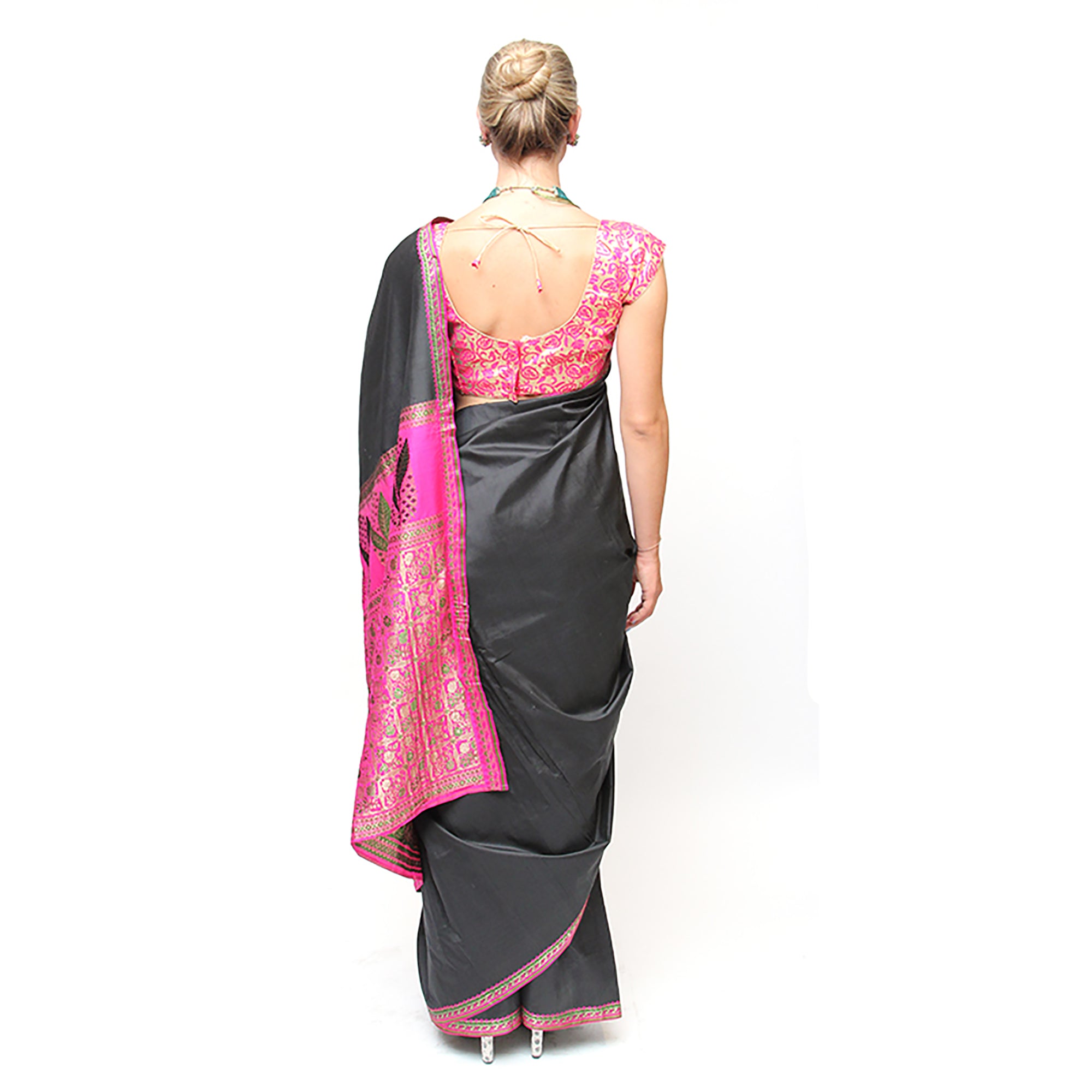 Black & Bright Pink Silk Saree - Vintage India NYC
