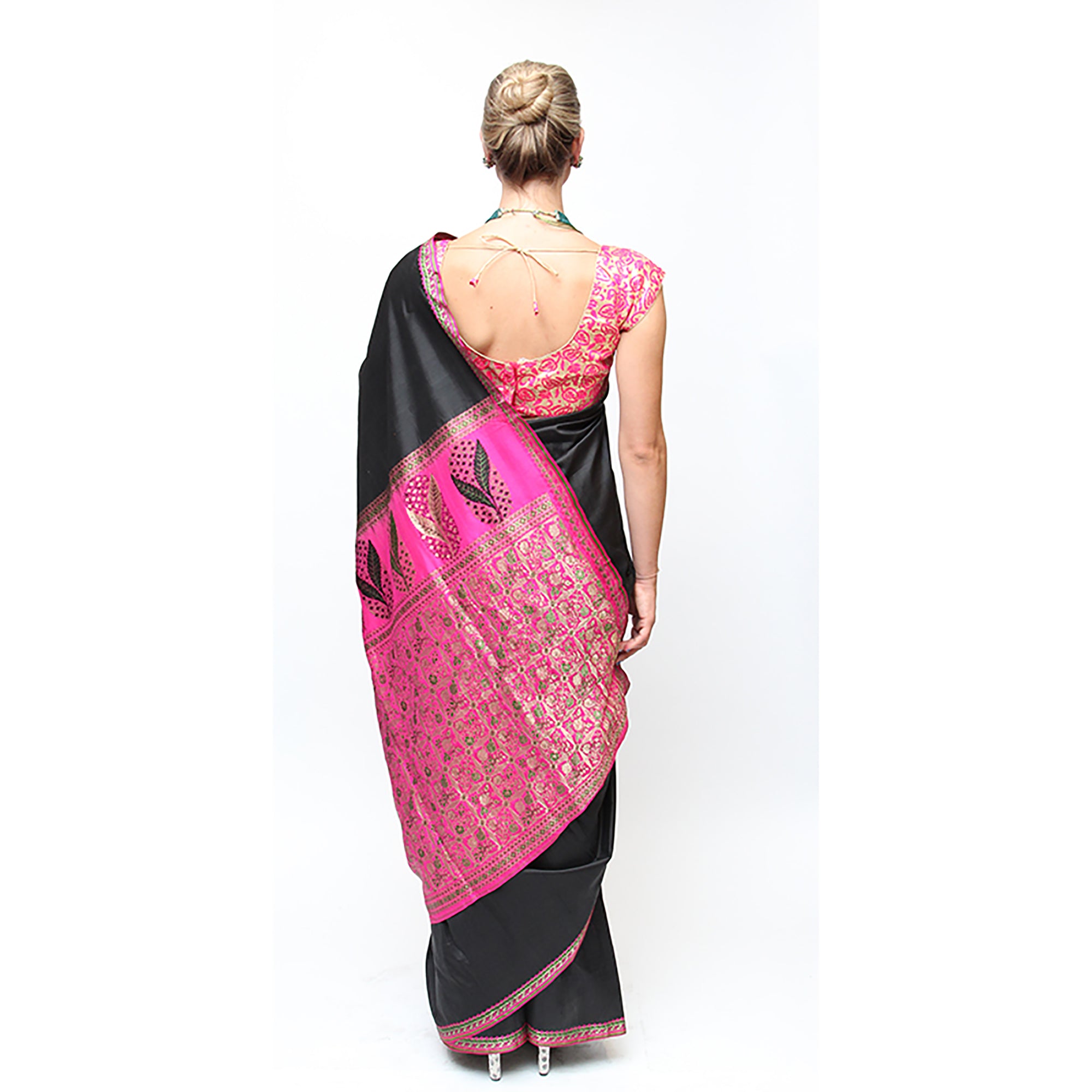 Black & Bright Pink Silk Saree - Vintage India NYC