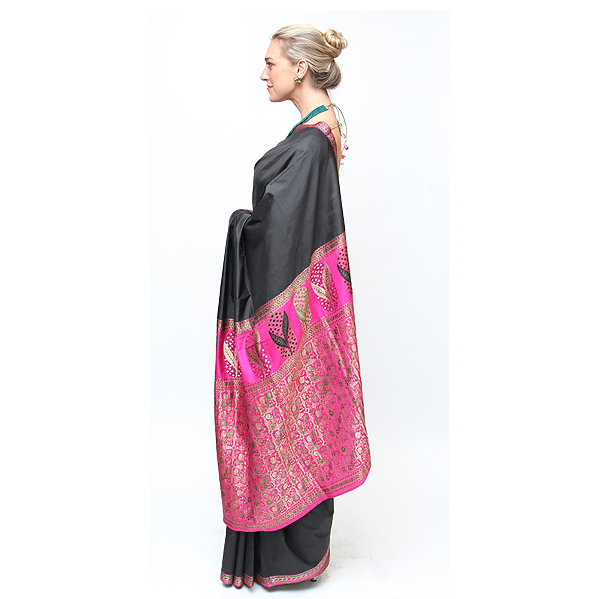 Black & Bright Pink Silk Saree - Vintage India NYC