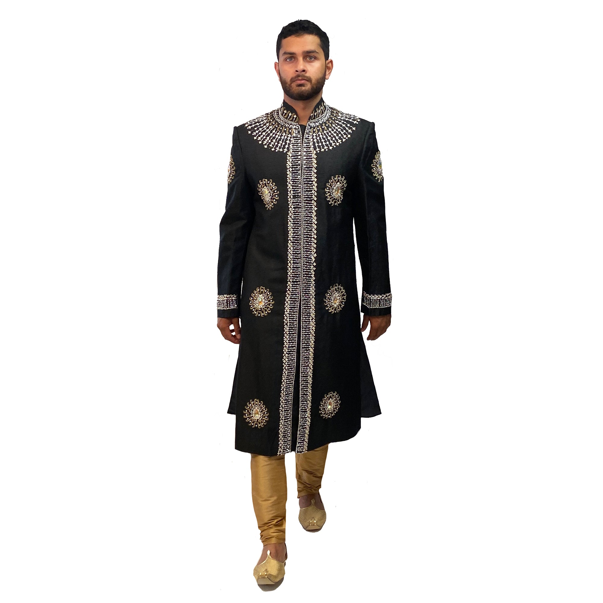 Black Sun Sherwani with Hand Beading - Vintage India NYC