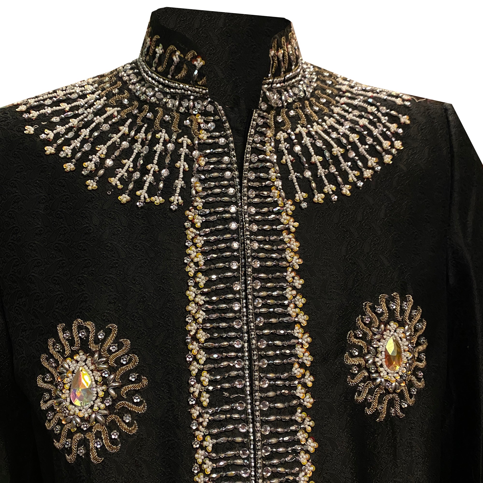 Black Sun Sherwani with Hand Beading - Vintage India NYC