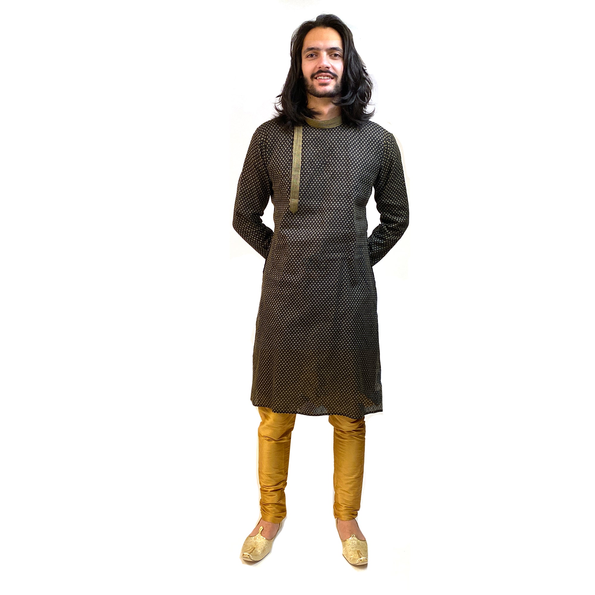 YD Black & Gold Side Button Kurta - Vintage India NYC