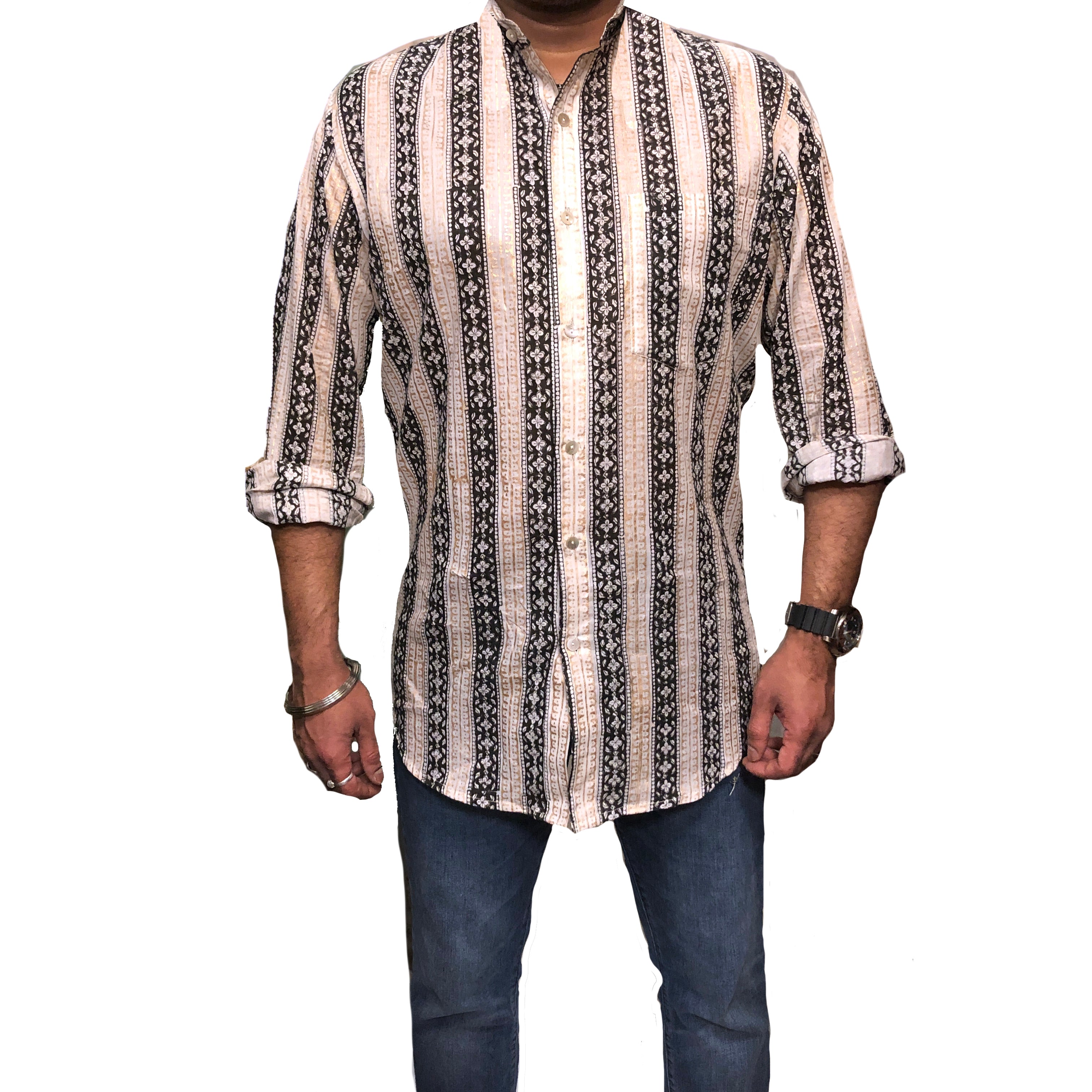 VR Black & Gold Blockprint Band Collar Shirt - Vintage India NYC