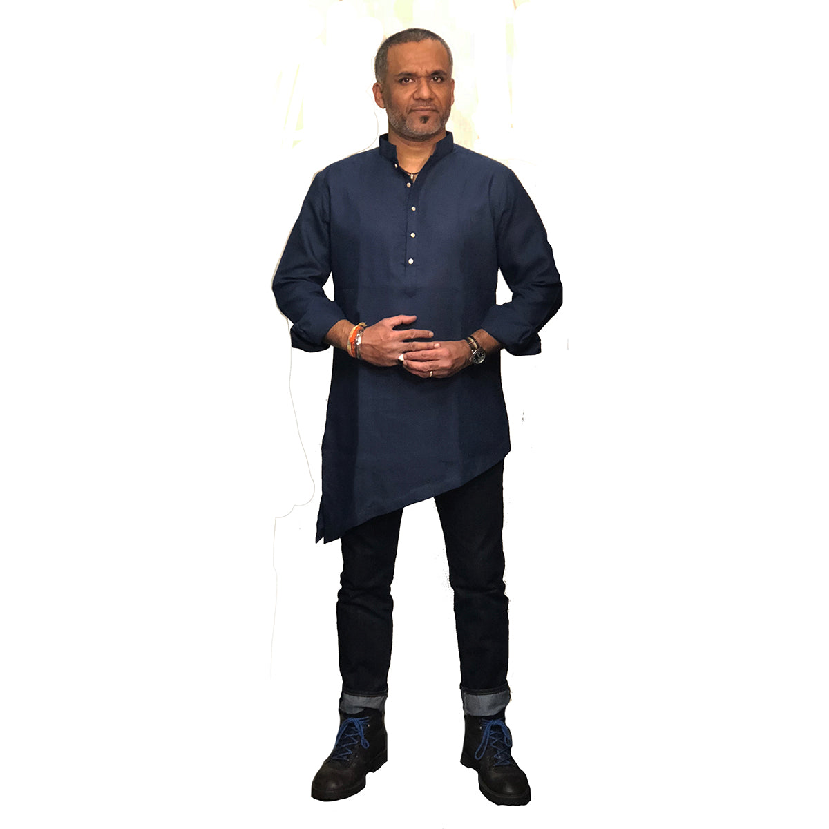 YD Navy Linen Asymmetric Kurta - Vintage India NYC