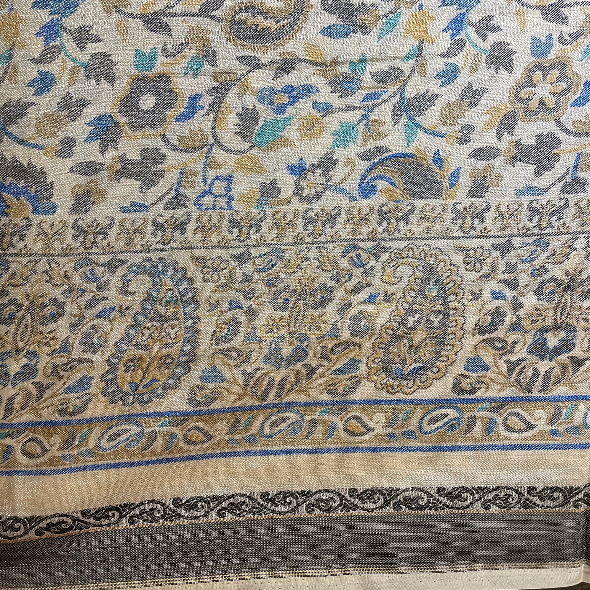 Blue Cream Floral Silk Saree - Vintage India NYC