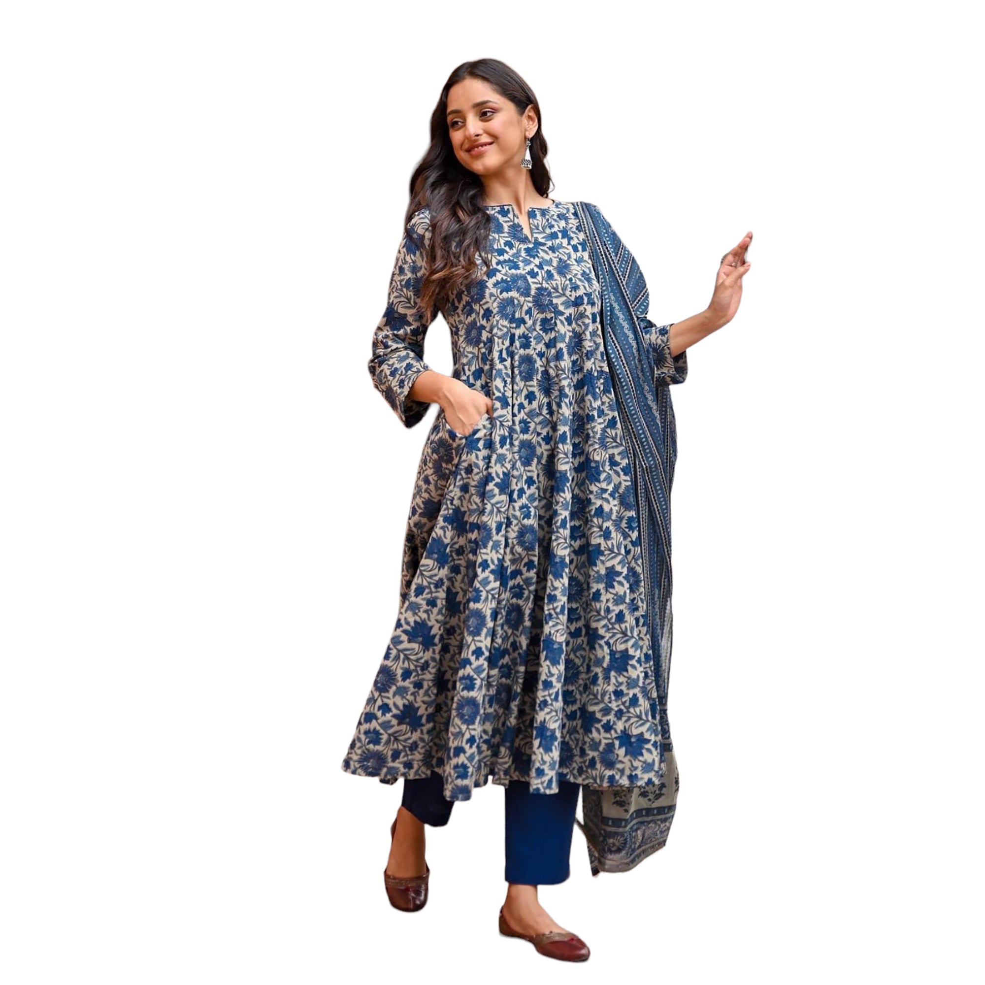 Blue Floral Anarkali Set-Size 40 & 42 - Vintage India NYC