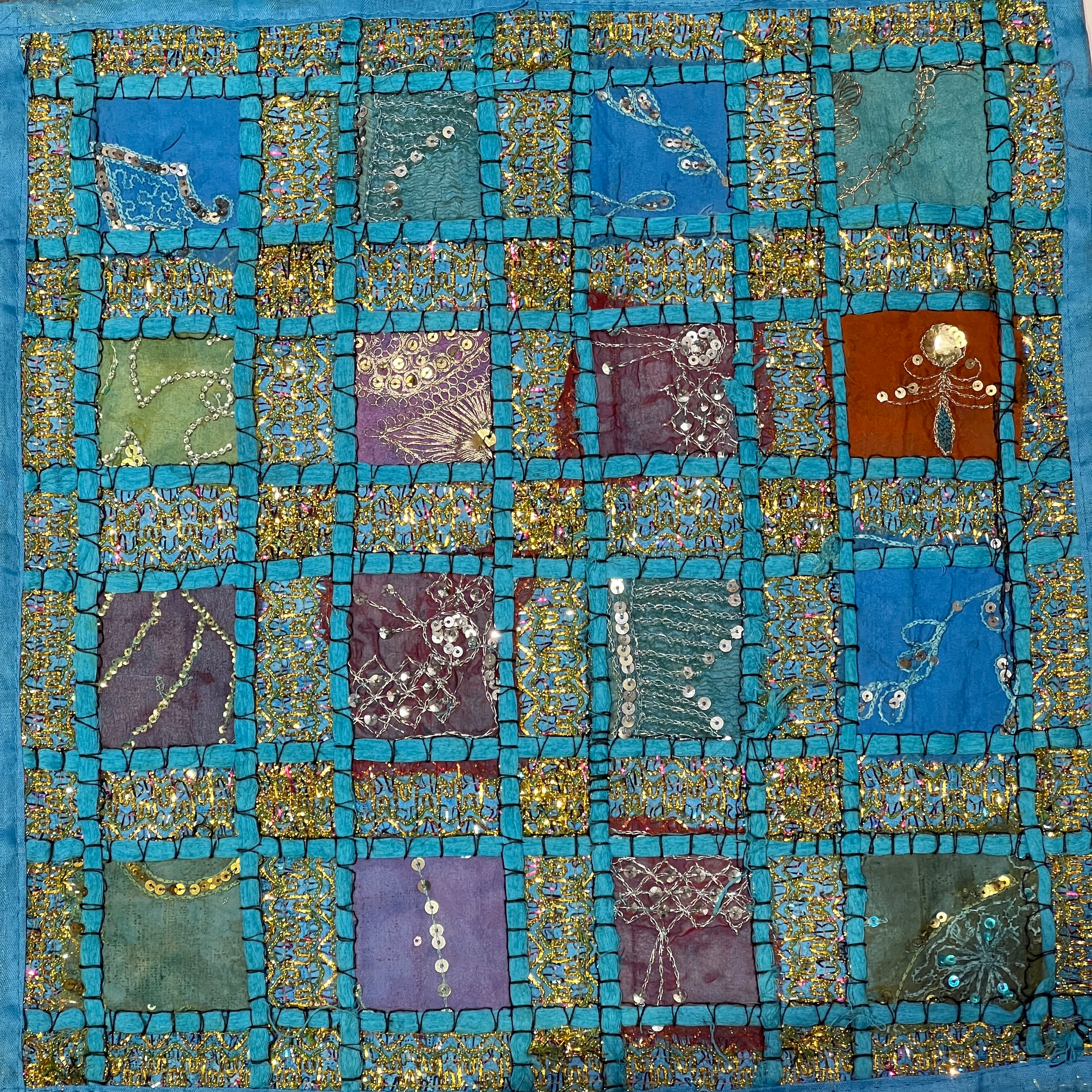 Blue Patchwork Pillow Cover-16 x 16 - Vintage India NYC