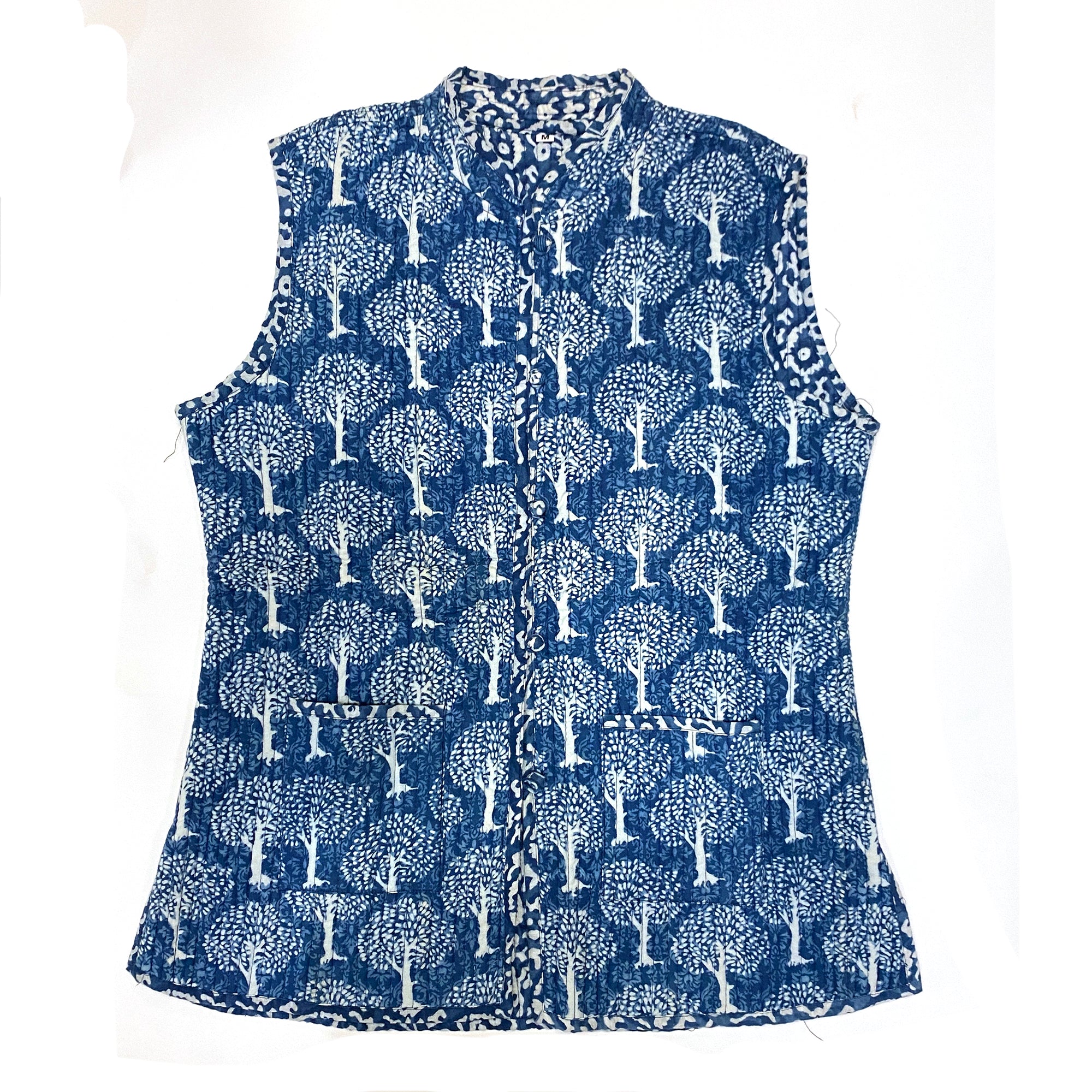 Blue Tree Block Print Quilted Vest - Vintage India NYC