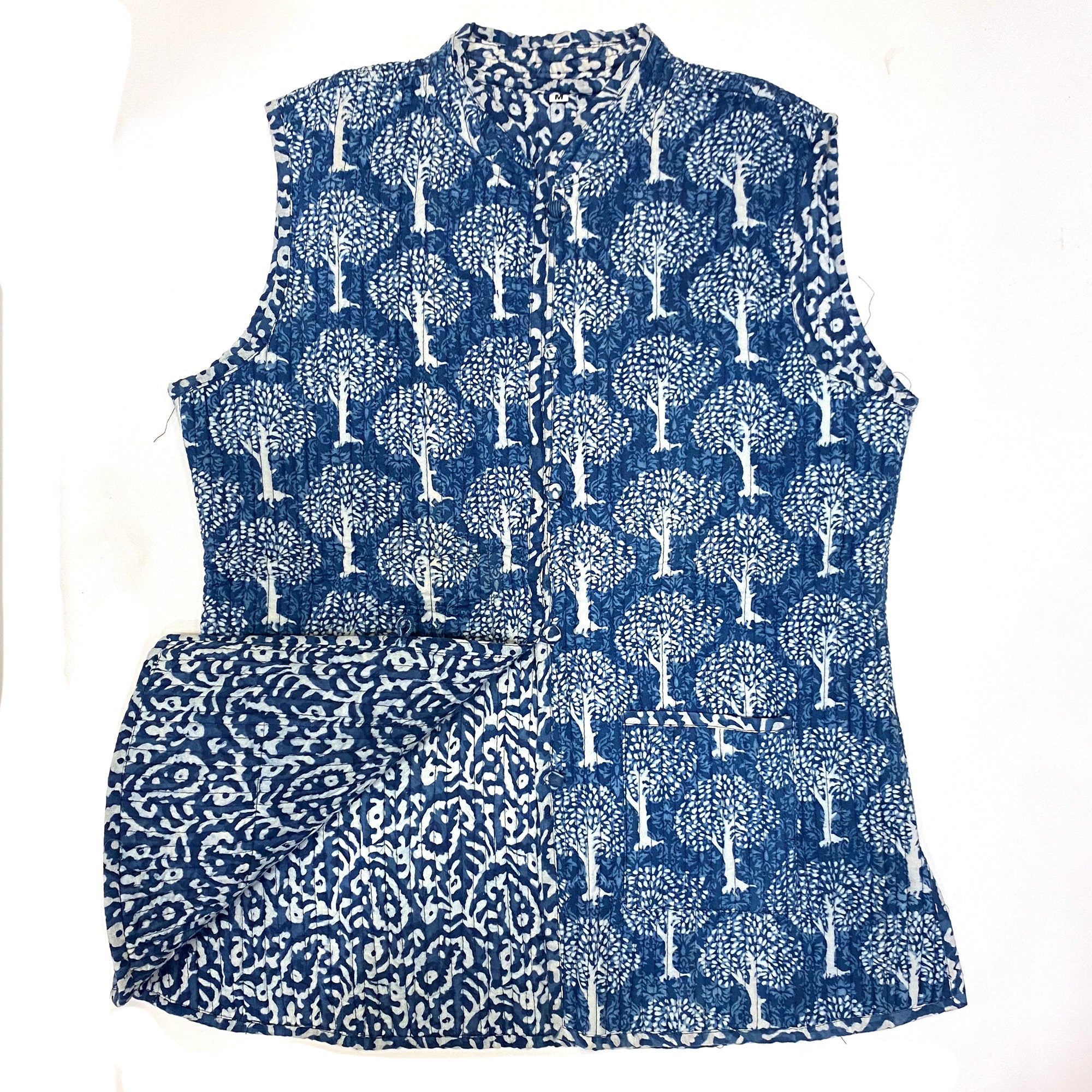 Blue Tree Block Print Quilted Vest - Vintage India NYC