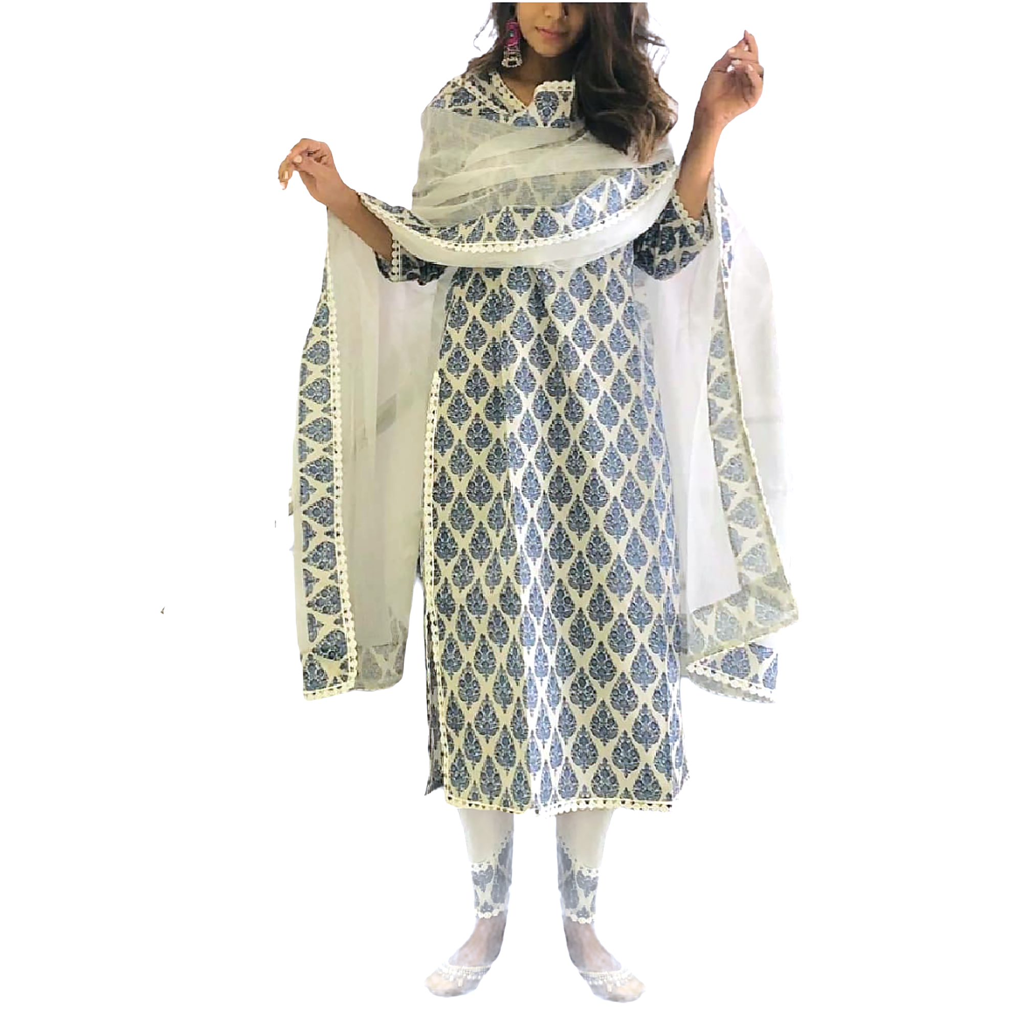 Blue and White Print Kurta Set - Vintage India NYC