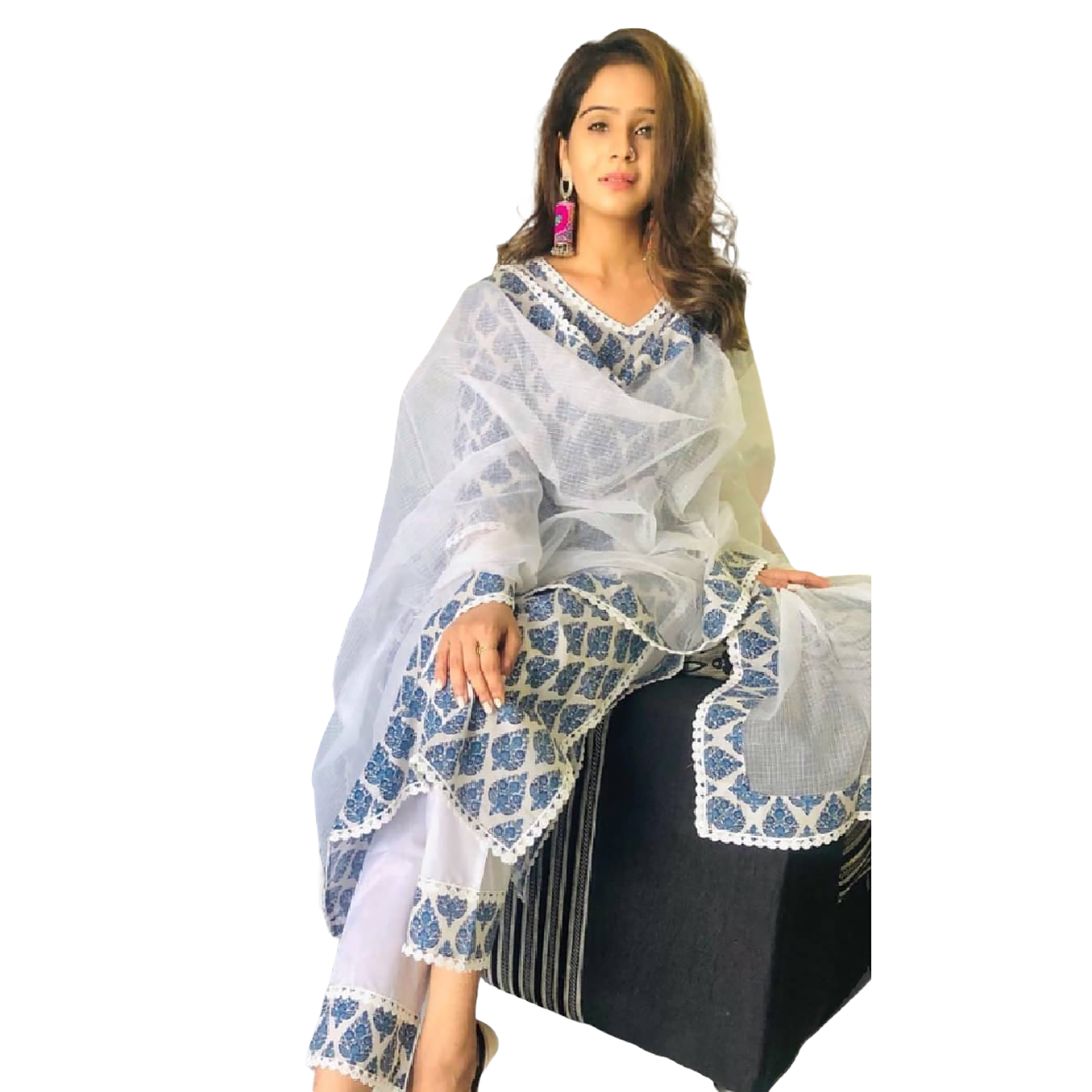 Blue and White Print Kurta Set - Vintage India NYC
