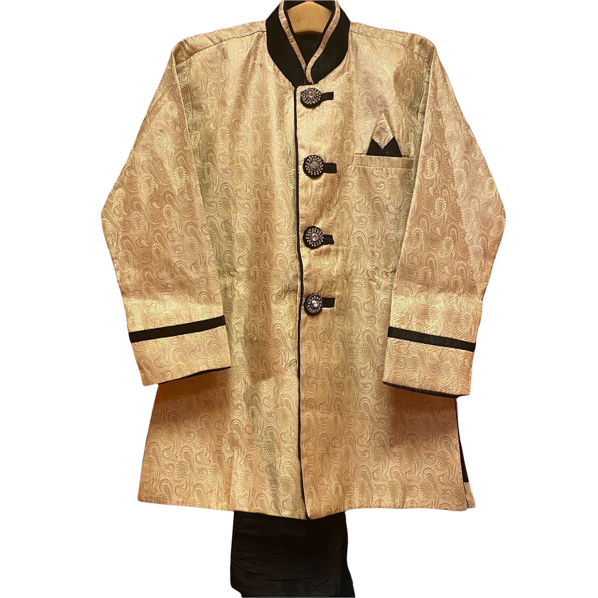 Boys Cream & Black Sherwani-7-8 yr - Vintage India NYC