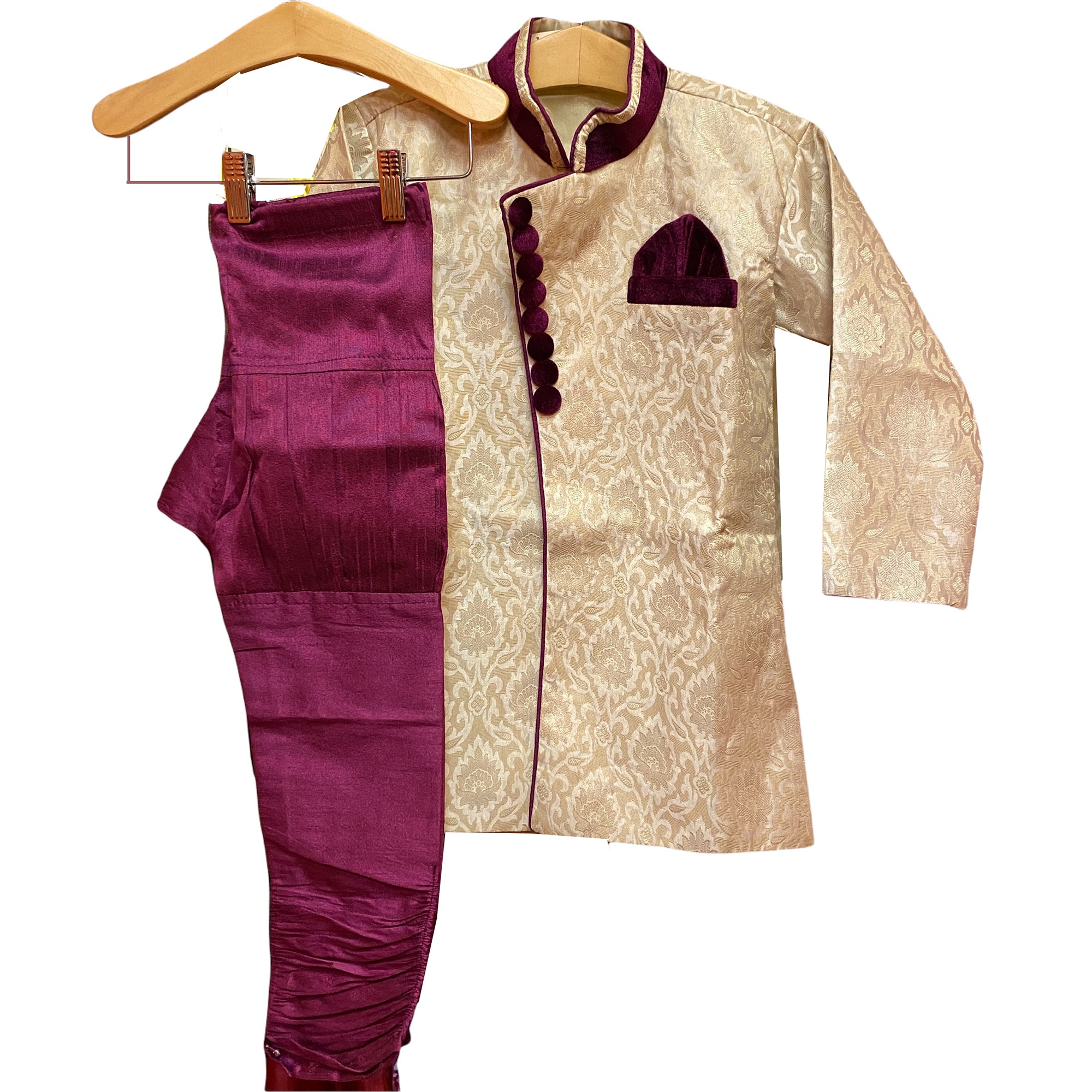 Boys Cream & Purple Brocade Sherwani - Vintage India NYC